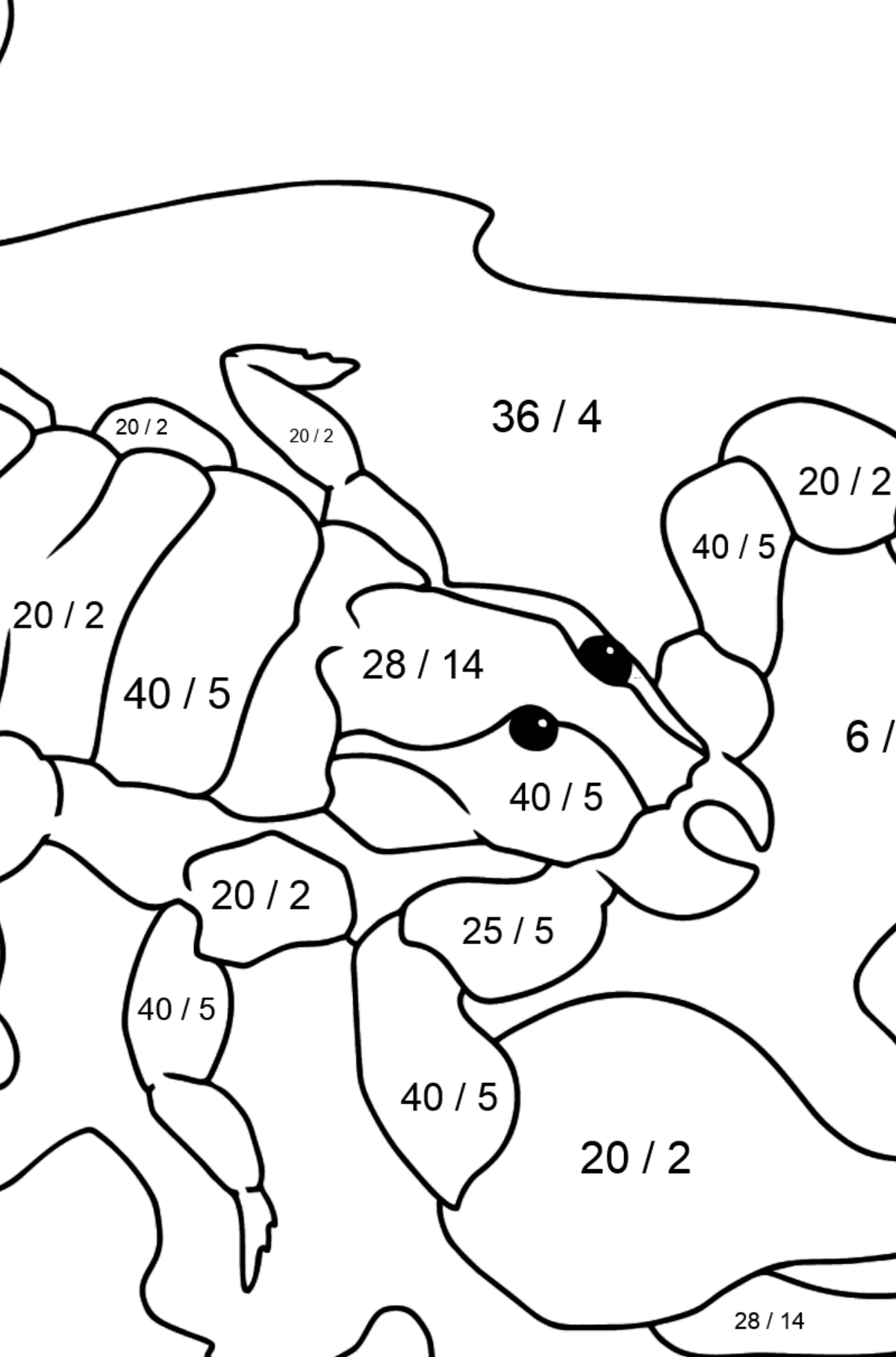 Disegno di Scorpione nero da colorare - Colorazione matematica - Divisione per bambini