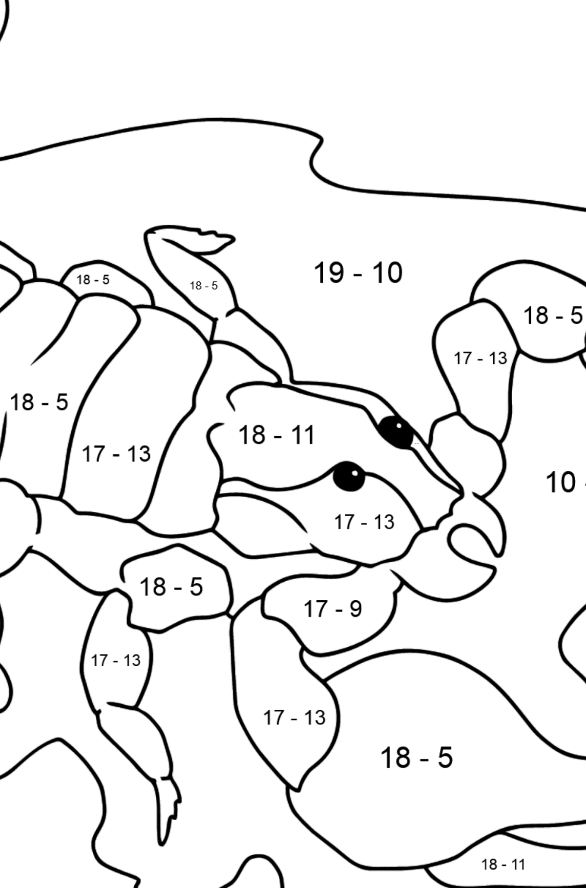 Tegning til farvning sort skorpion - Matematisk farvelægning side -- Subtraktion for børn