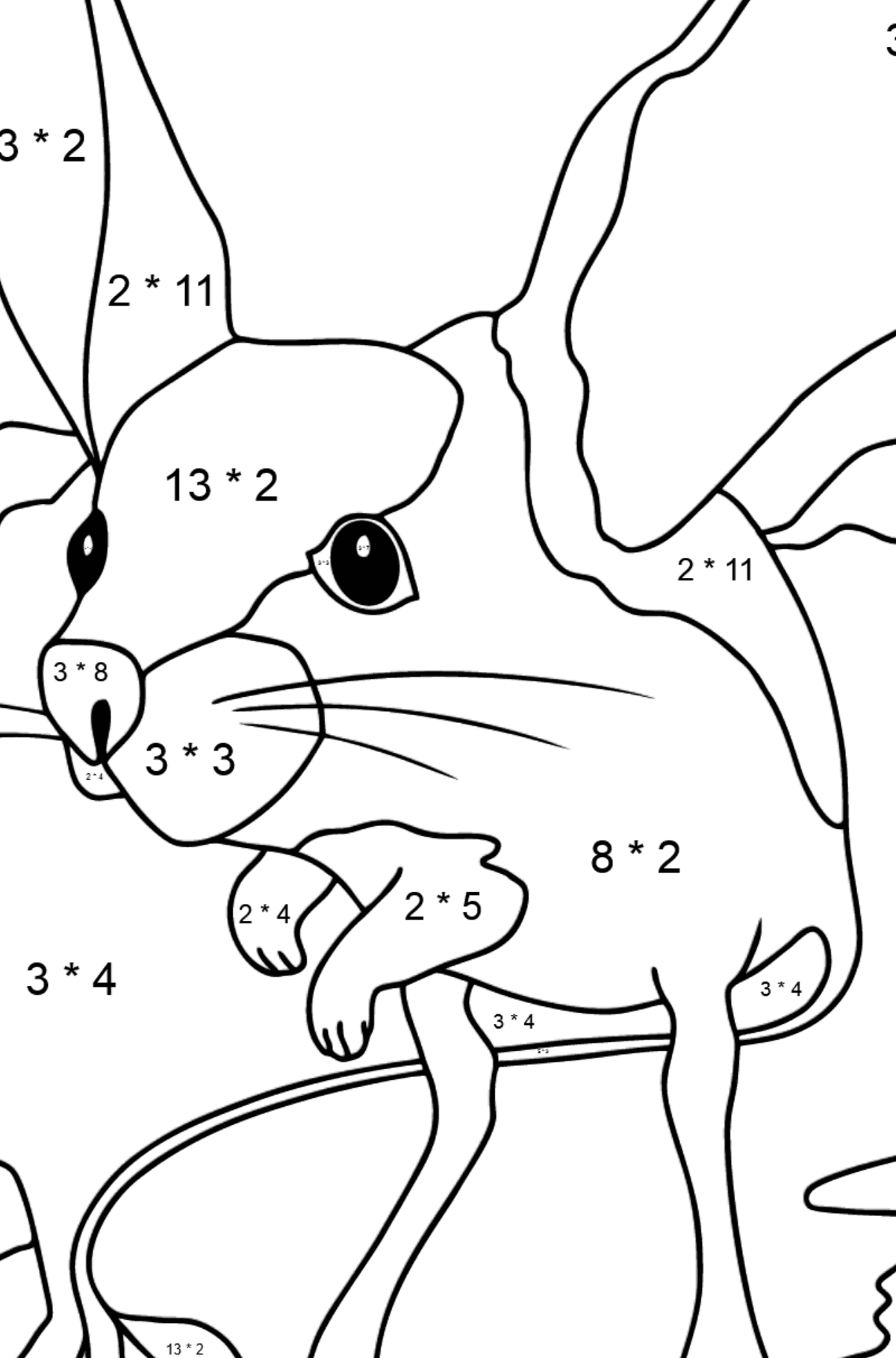 Tegning til farvning jerboa (vanskeligt) - Matematisk farvelægning side -- Multiplikation for børn