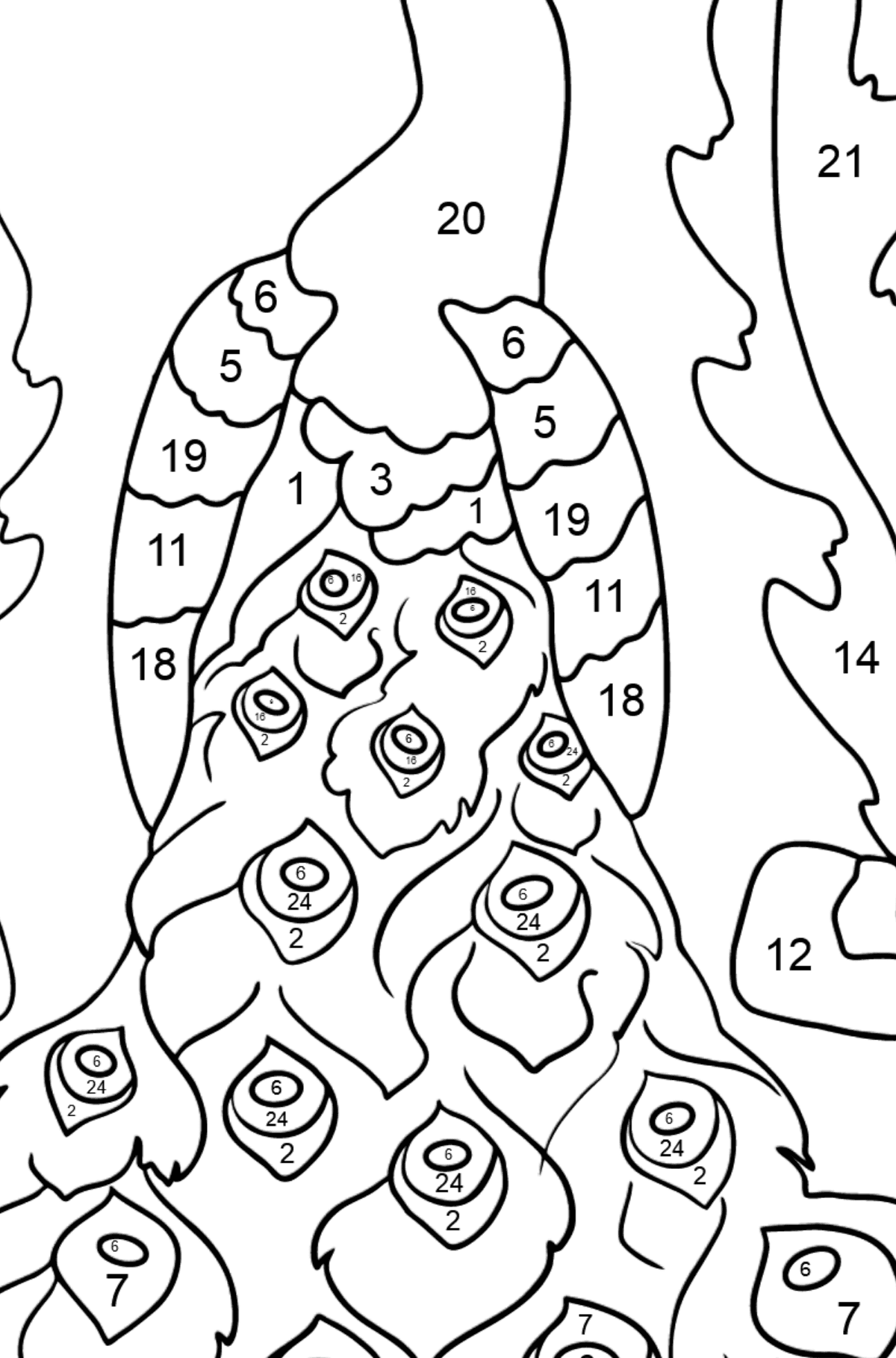 Kleurplaat pauw (moeilijk) - Kleuren op nummer voor kinderen