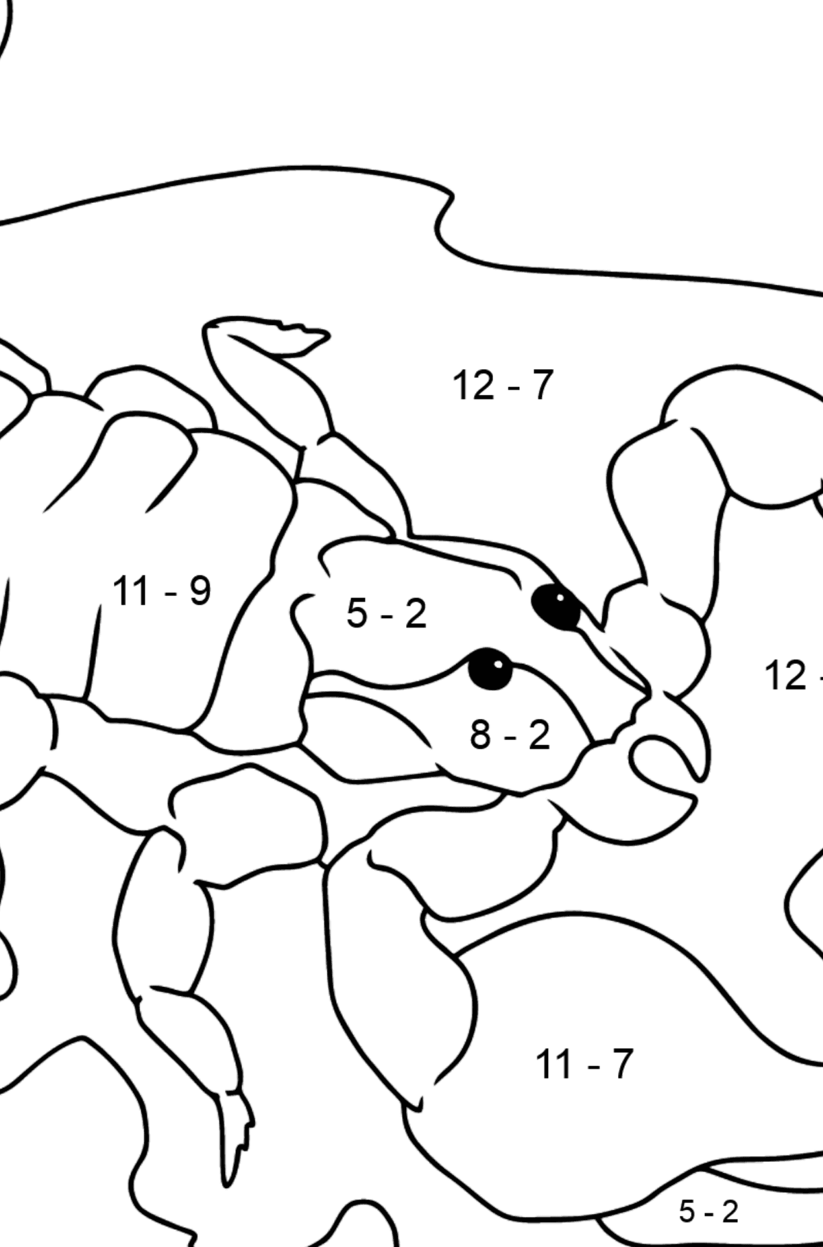 Tegning til farvning sort skorpion (let) - Matematisk farvelægning side -- Subtraktion for børn