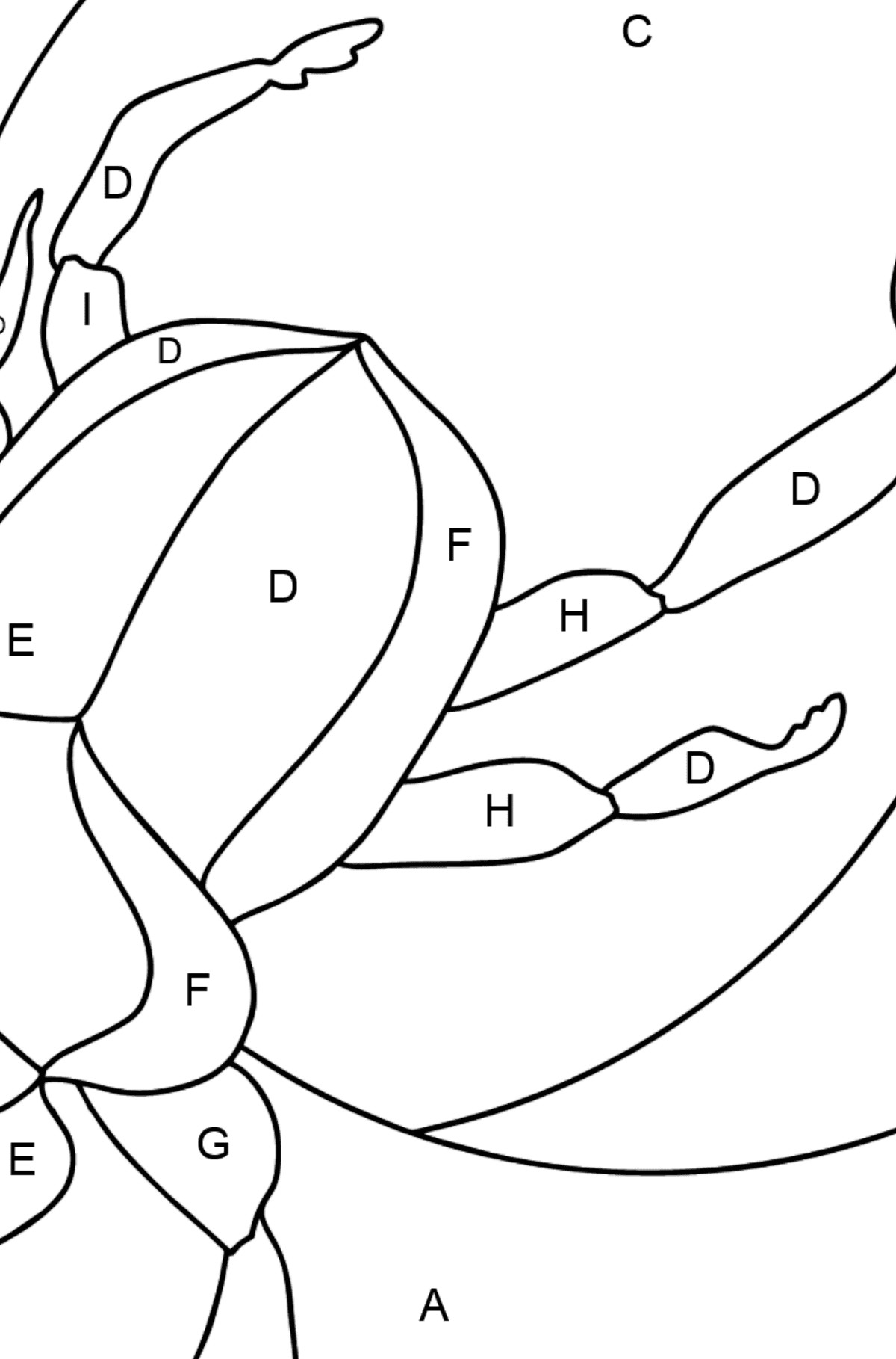 Ausmalbild - Ein Skarabäus-Käfer oder ein Symbol der Erneuerung - Ausmalen nach Buchstaben für Kinder