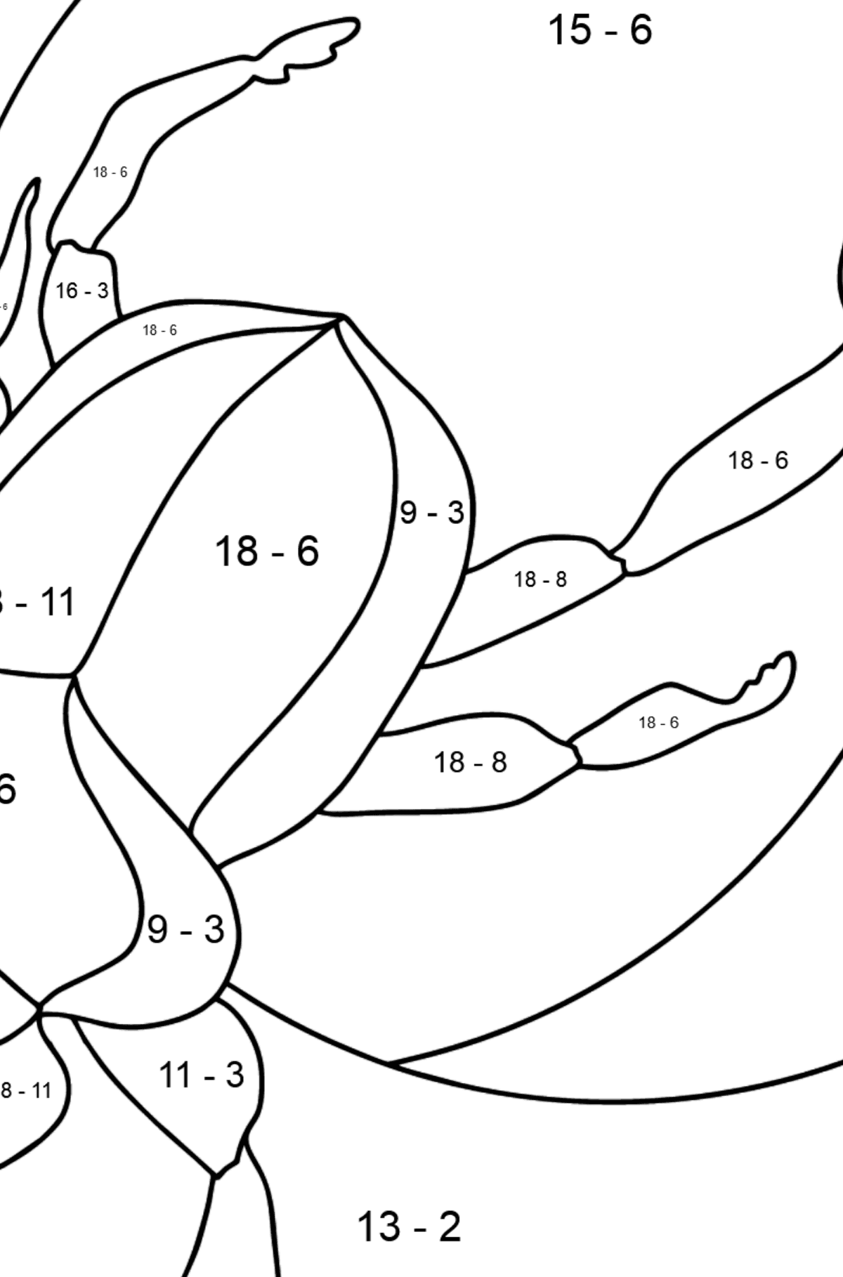 Ausmalbild - Ein Skarabäus-Käfer oder ein Symbol der Erneuerung - Mathe Ausmalbilder - Subtraktion für Kinder