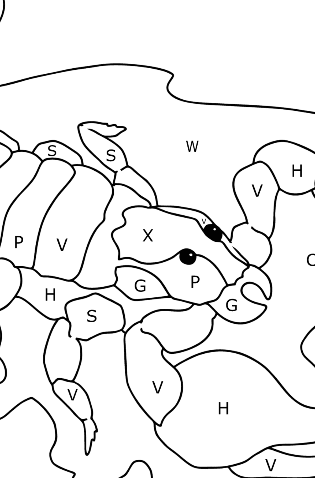 Tegning til farvning sort skorpion (vanskeligt) - Farvelægning af brevene for børn