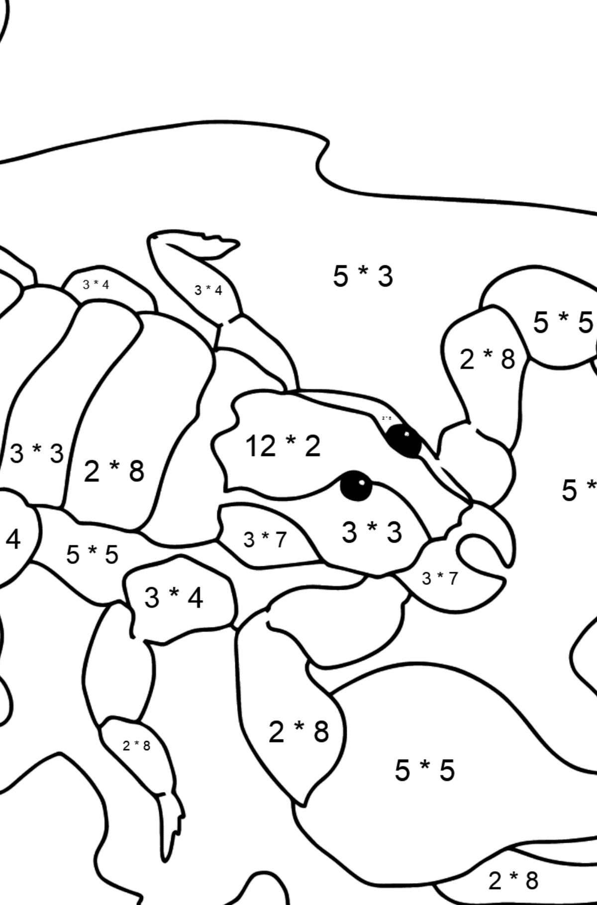 Tegning til farvning sort skorpion (vanskeligt) - Matematisk farvelægning side -- Multiplikation for børn
