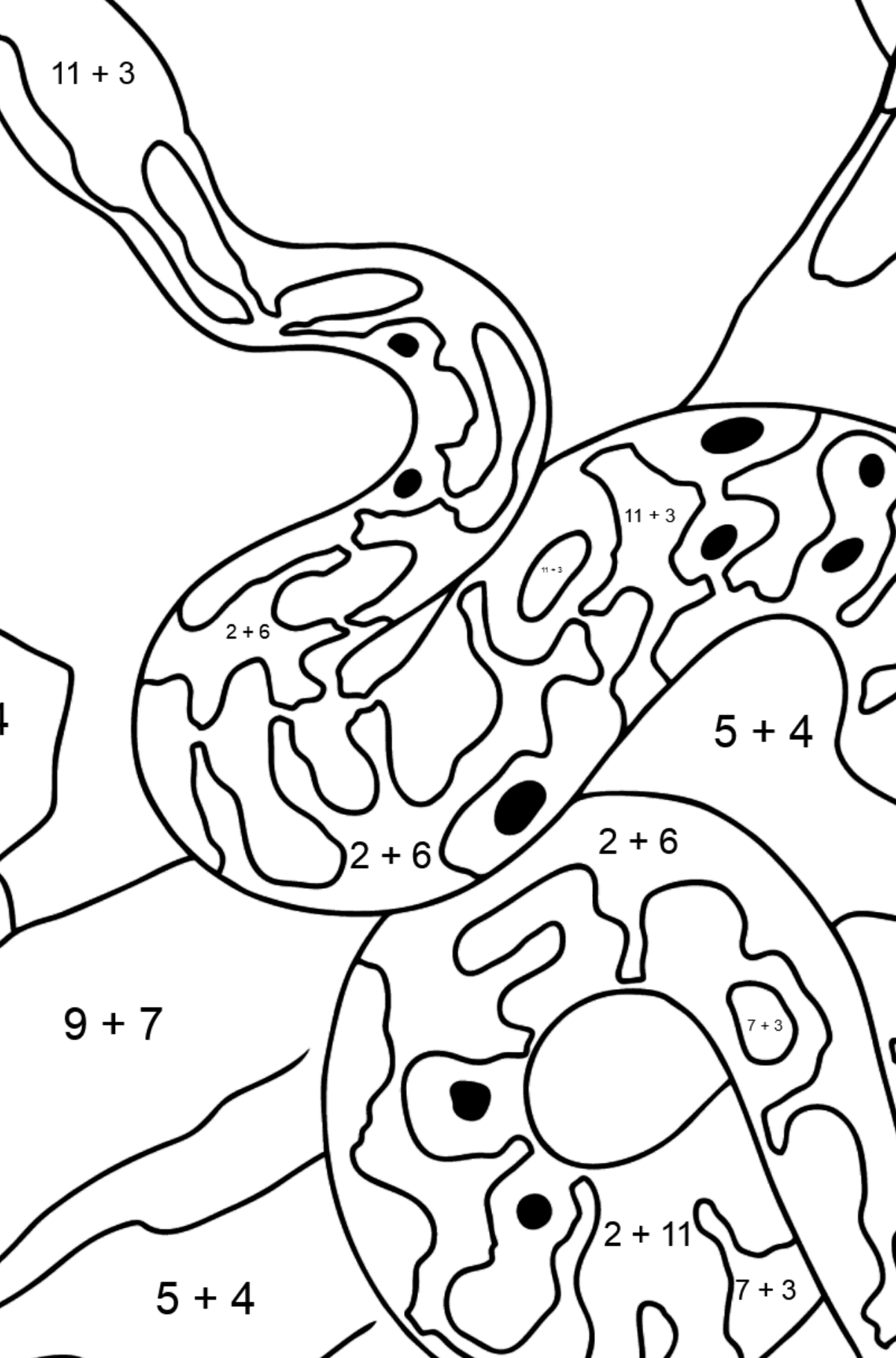 Disegno di Serpente da colorare - Colorazione matematica - Addizione per bambini