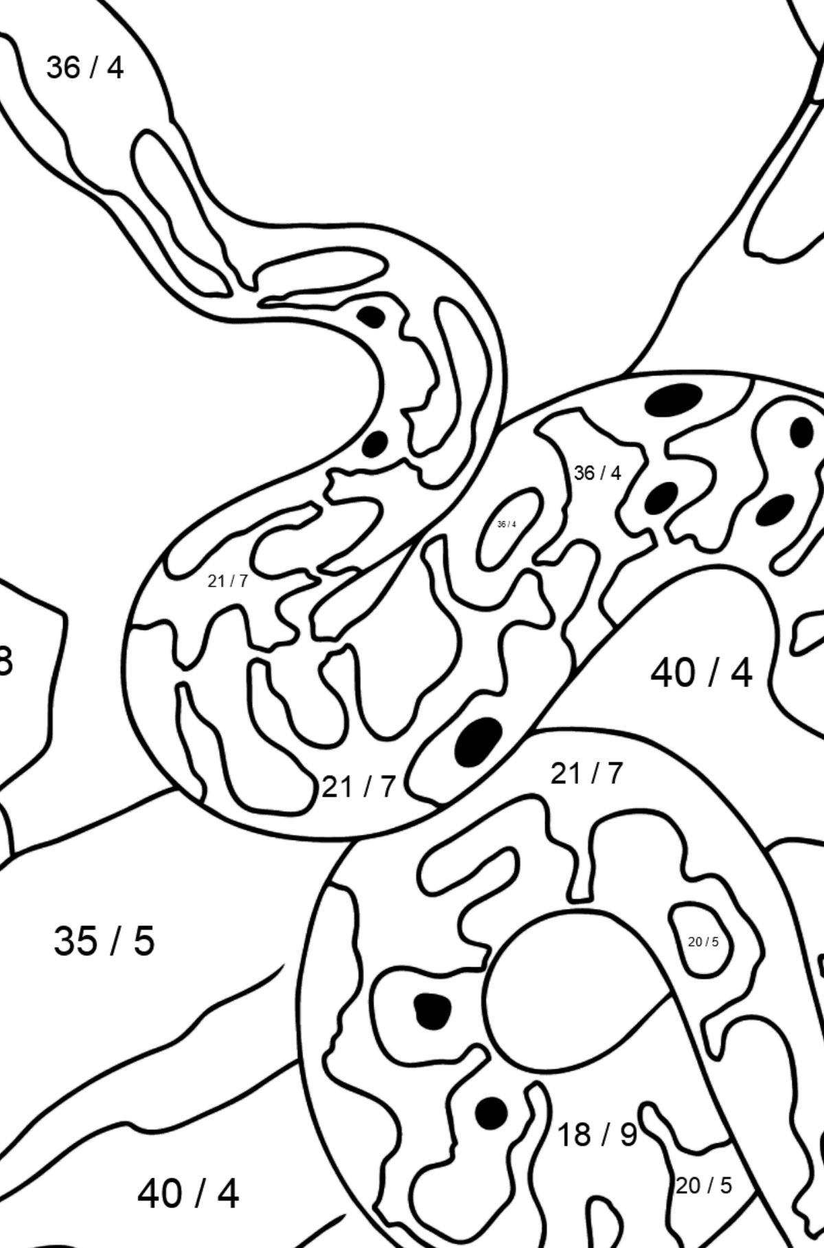 Disegno di Serpente da colorare - Colorazione matematica - Divisione per bambini