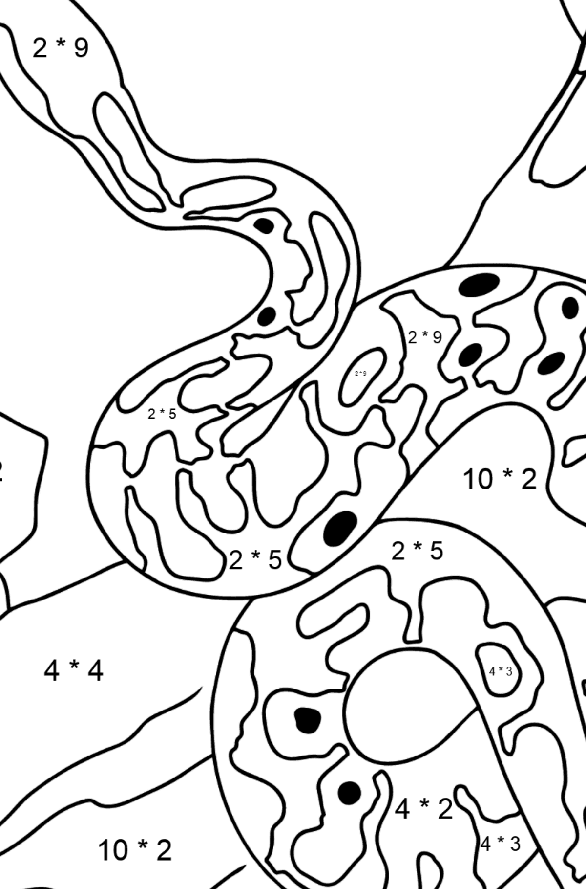 Tegning til farvning slange - Matematisk farvelægning side -- Multiplikation for børn