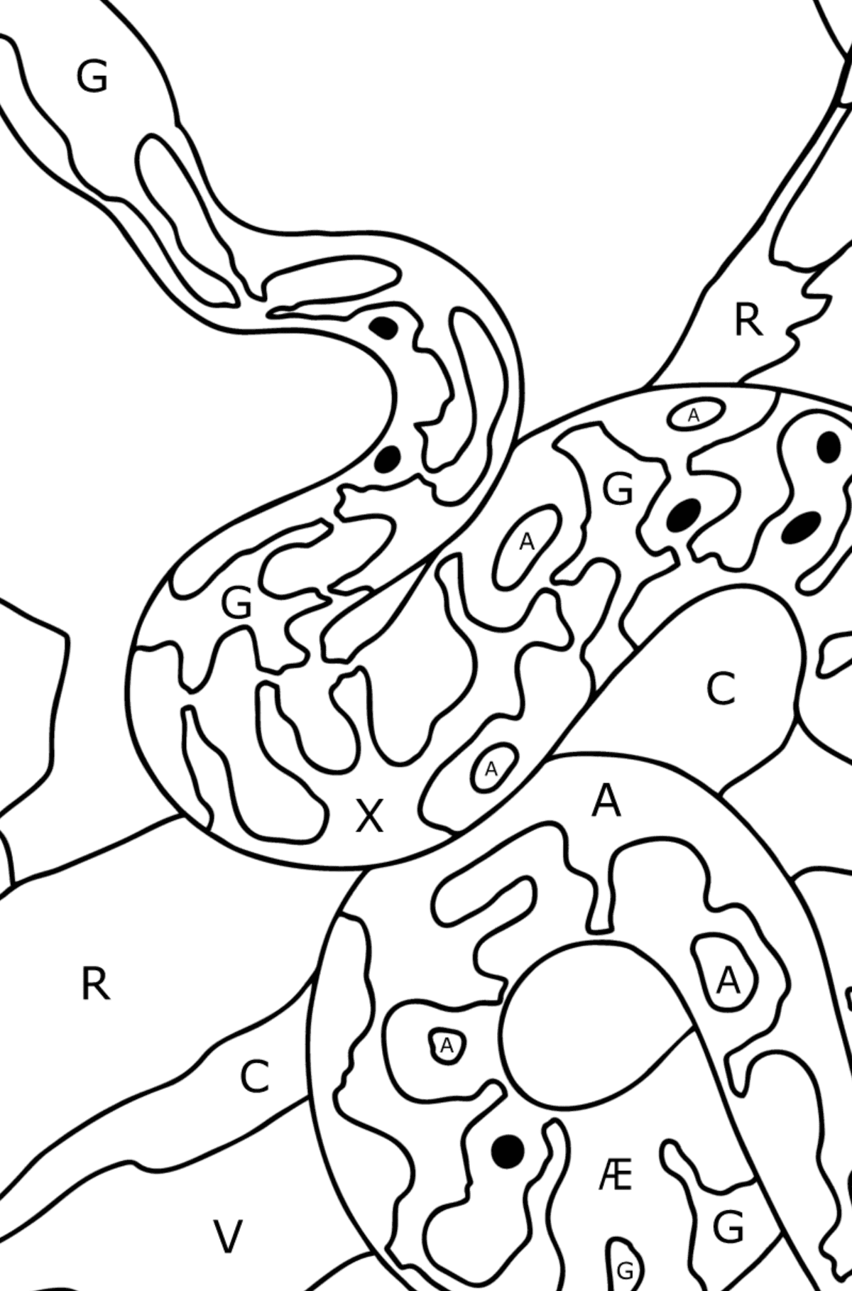 Tegning til farvning slange (vanskeligt) - Farvelægning af brevene for børn