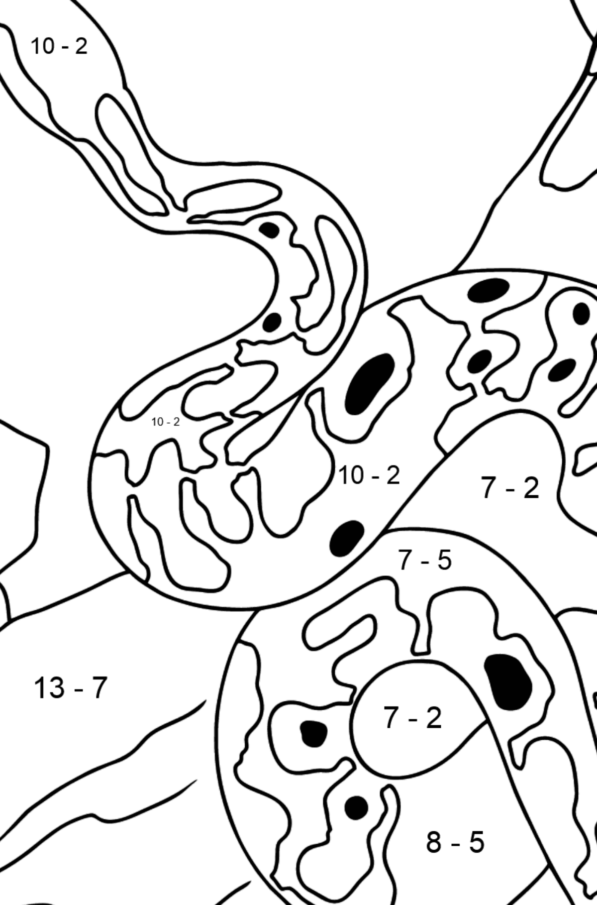 Tegning til farvning slange (let) - Matematisk farvelægning side -- Subtraktion for børn