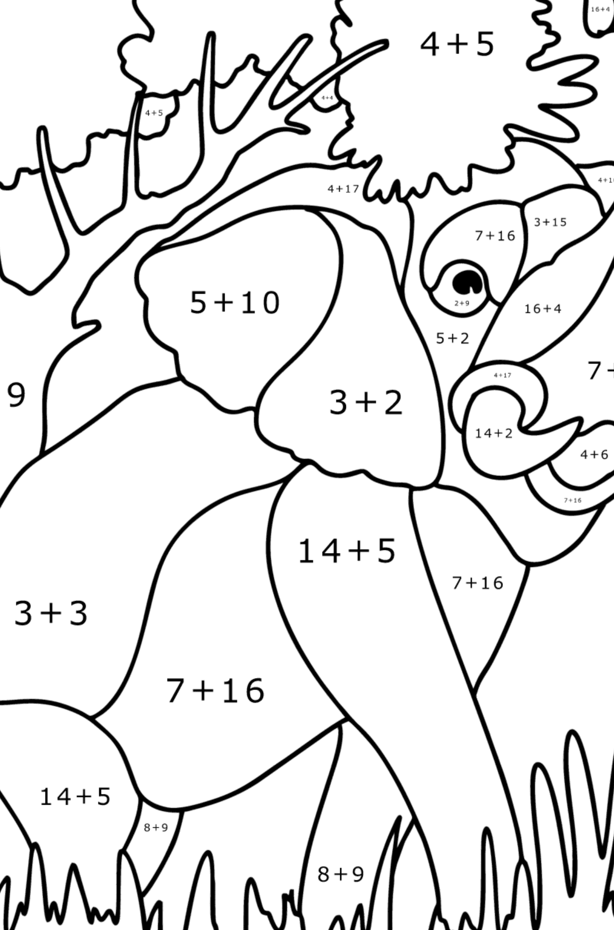 Målarbild Vacker elefant - Matematik Färgläggning - Addition För barn