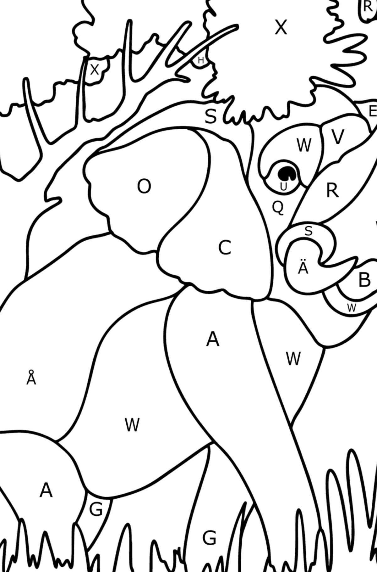 Målarbild Vacker elefant - Färgläggning av bokstäver För barn