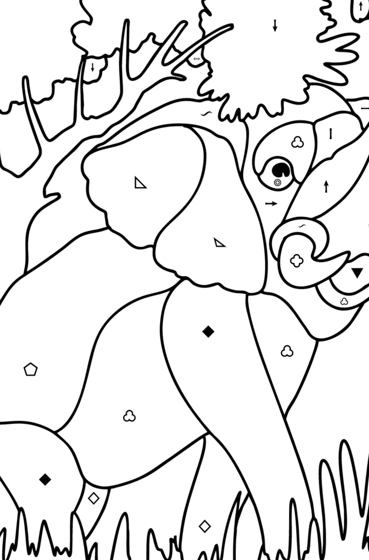 Målarbild Vacker elefant - Färgläggning efter symboler och av geometriska figurer För barn