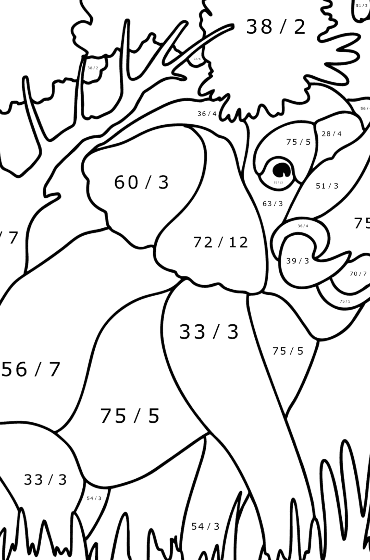 Mewarnai gambar Gajah yang cantik - Pewarnaan Matematika: Pembagian untuk anak-anak