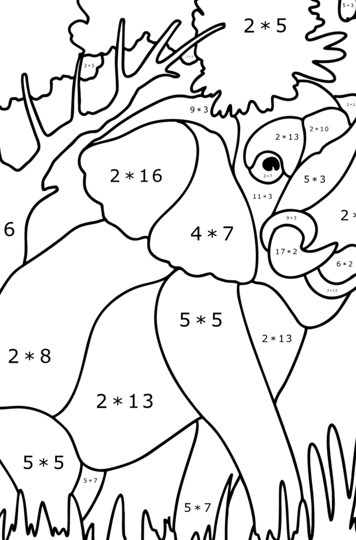 Mewarnai gambar Gajah yang cantik - Pewarnaan Matematika: Penjumlahan untuk anak-anak