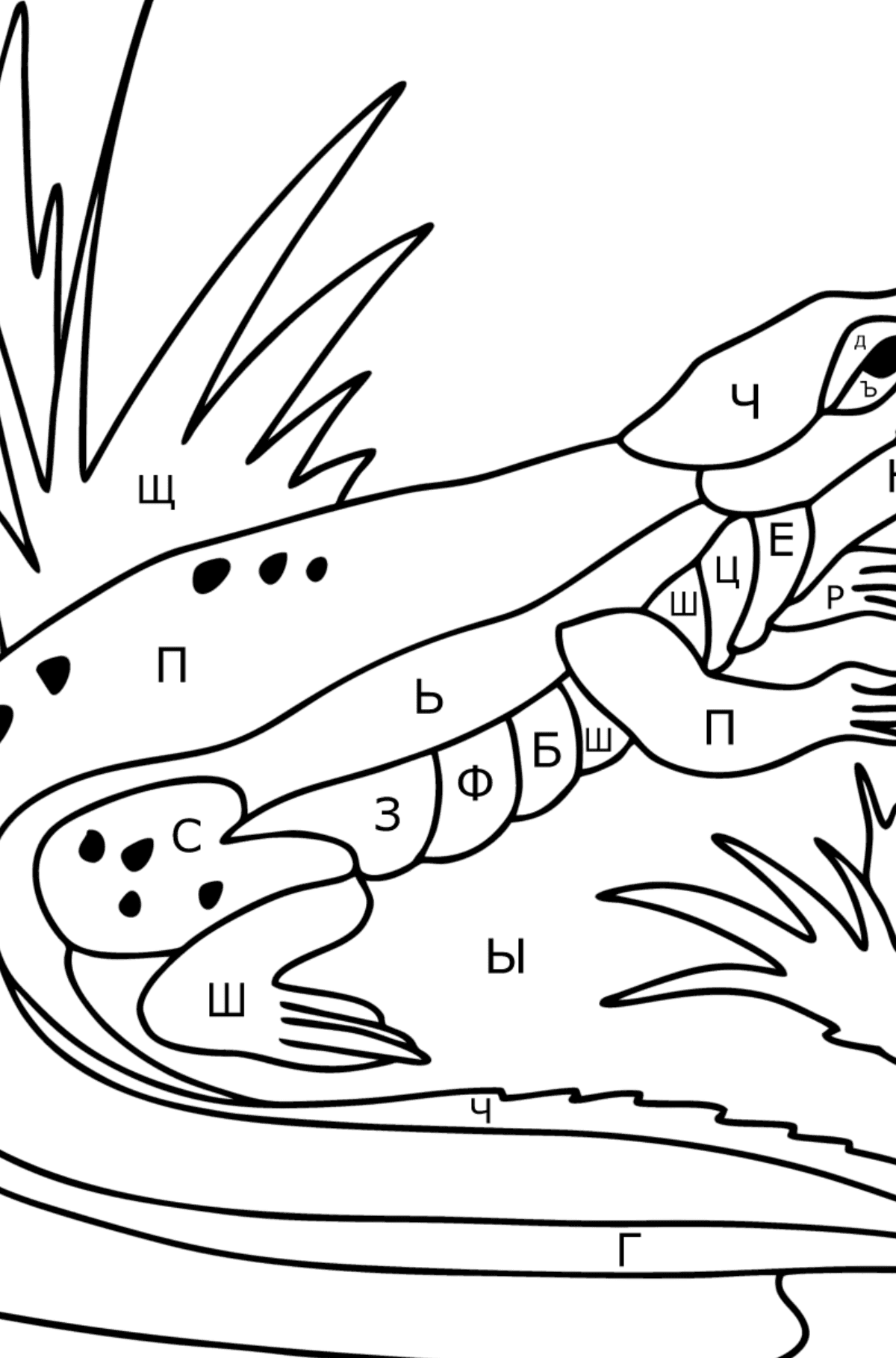 Раскраска Крокодил Джунгли - По Буквам для Детей