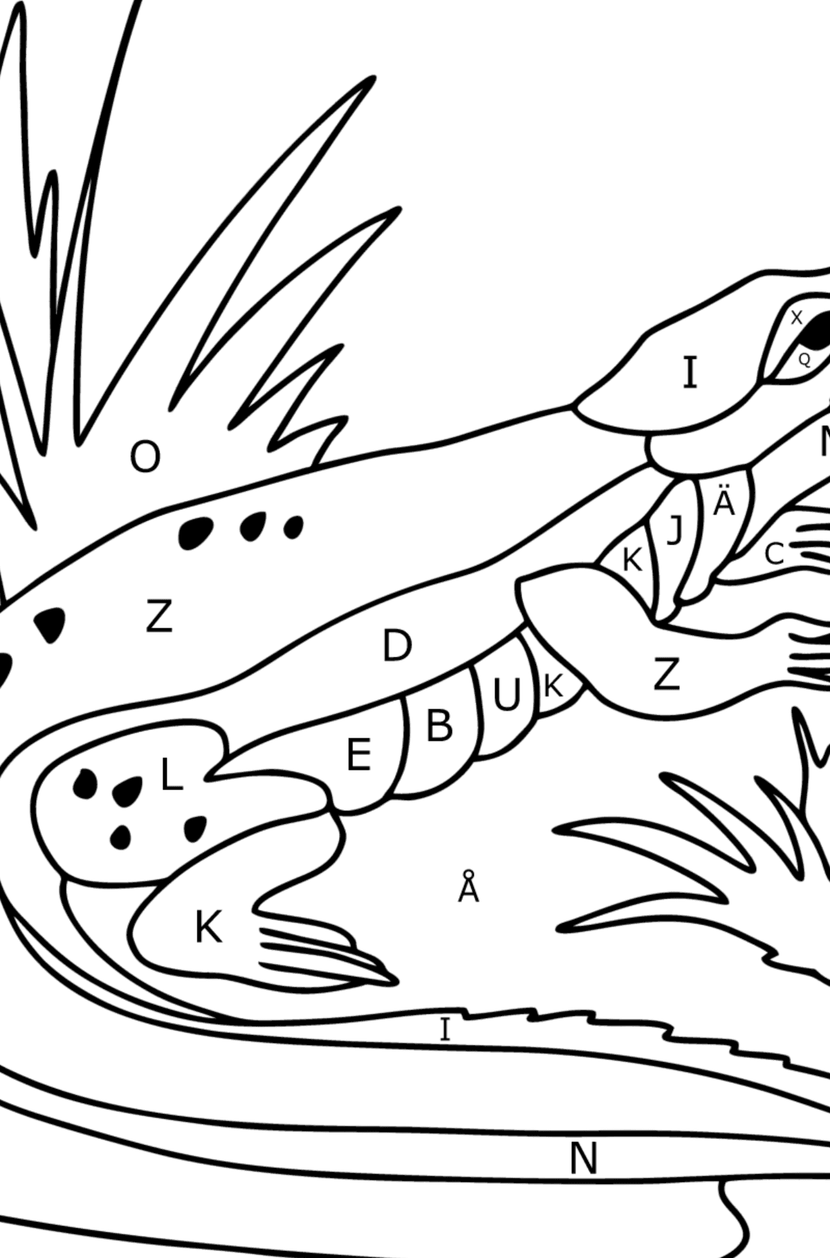 Målarbild Krokodildjungel - Färgläggning av bokstäver För barn