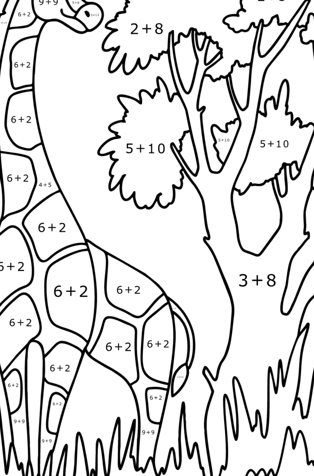 Zsiráf a természetben kifestő - Matematikai színezés - összeadás gyerekeknek