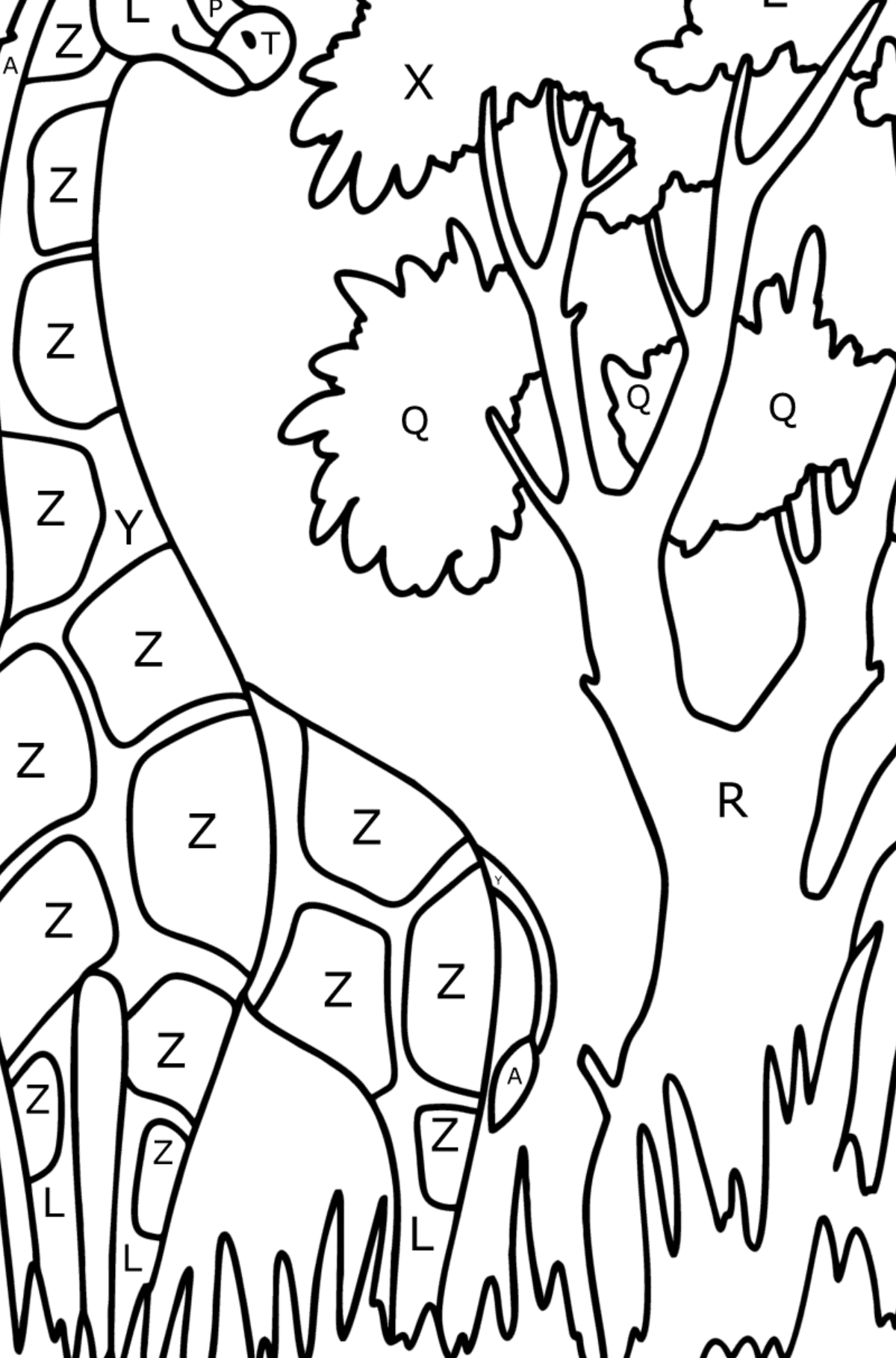 Giraf in de natuur kleurplaat - Kleuren met letters voor kinderen
