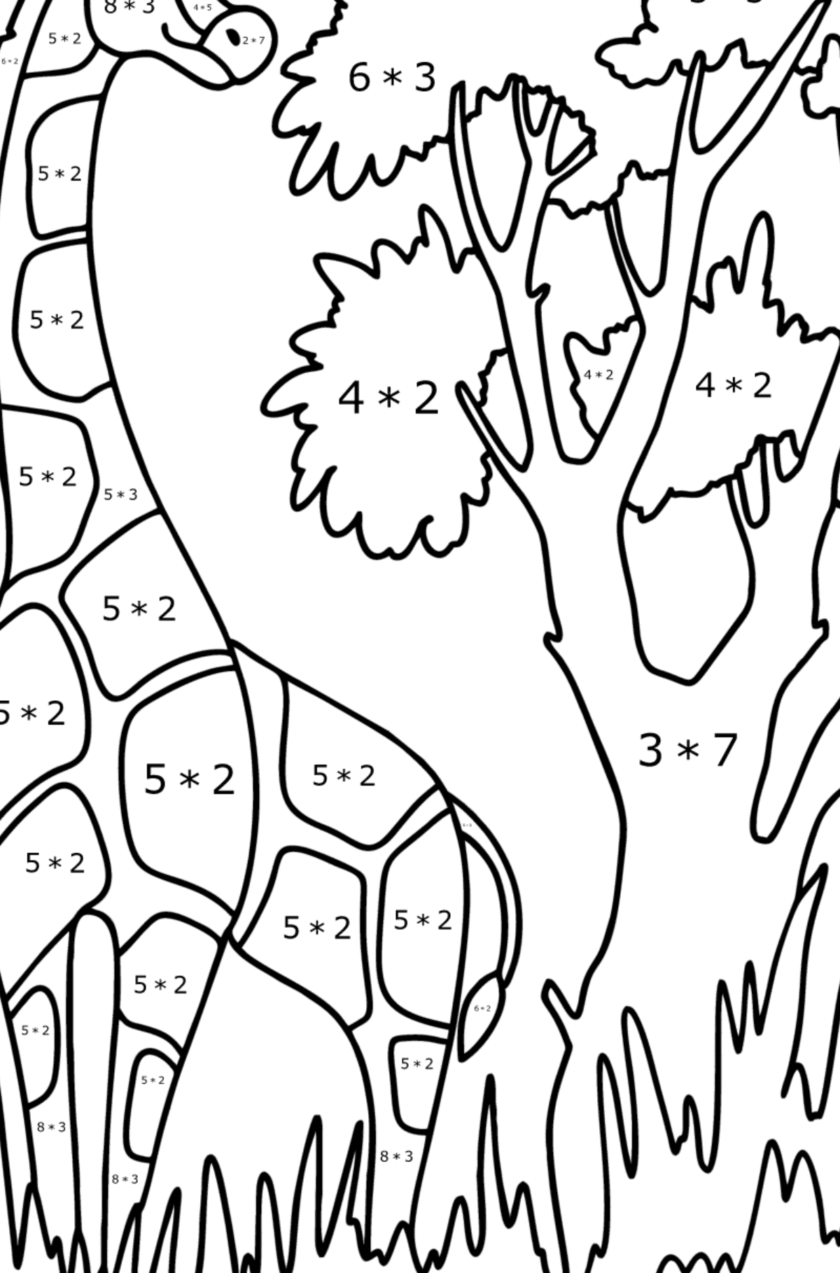 Mewarnai gambar Jerapah di alam - Pewarnaan Matematika: Penjumlahan untuk anak-anak