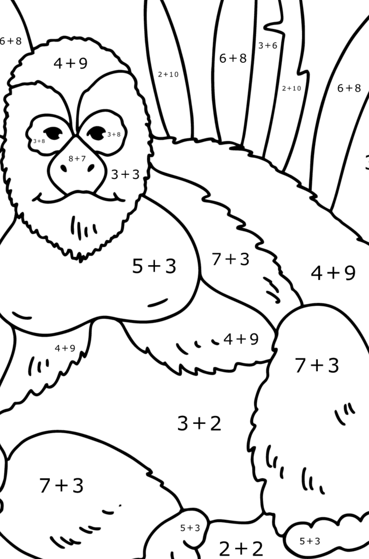 Gorilla kleurplaat - Wiskunde kleurplaten - optellen voor kinderen