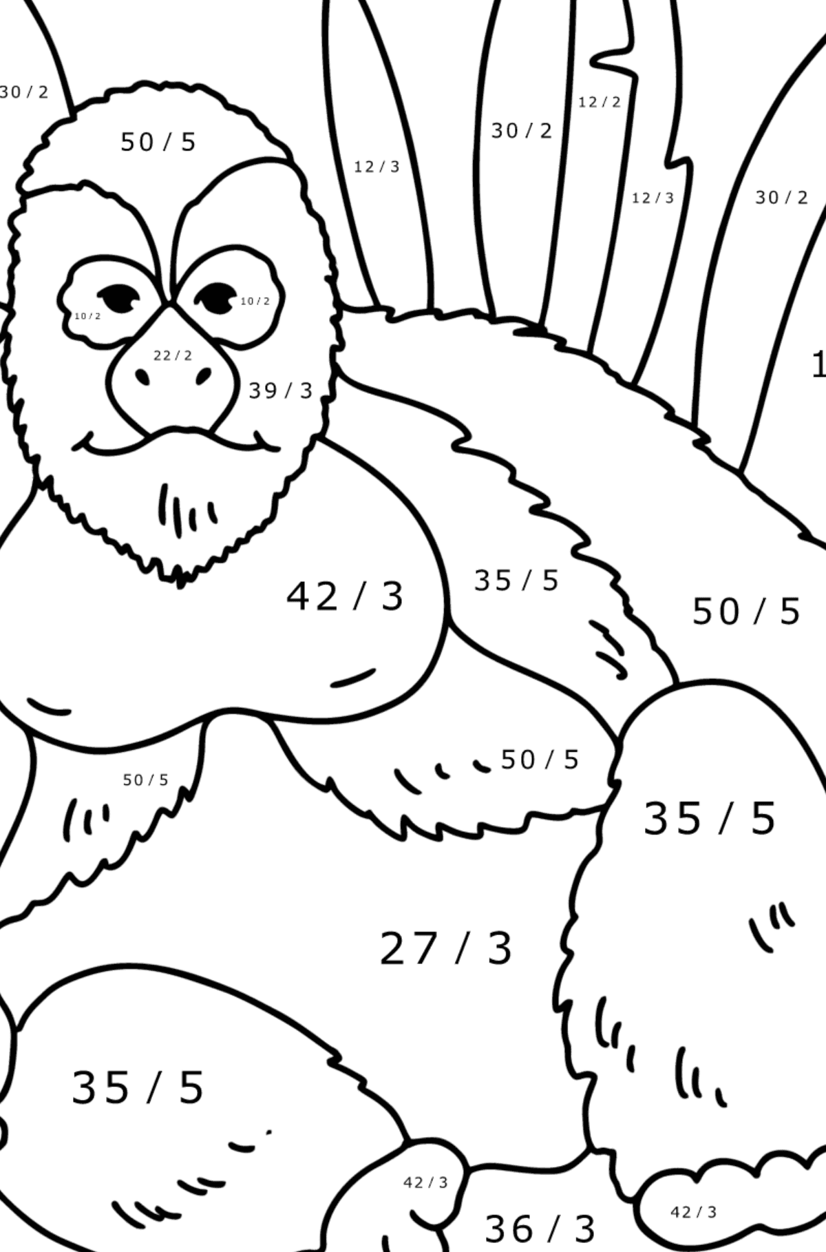 Gorilla kleurplaat - Wiskunde kleurplaten - delen voor kinderen
