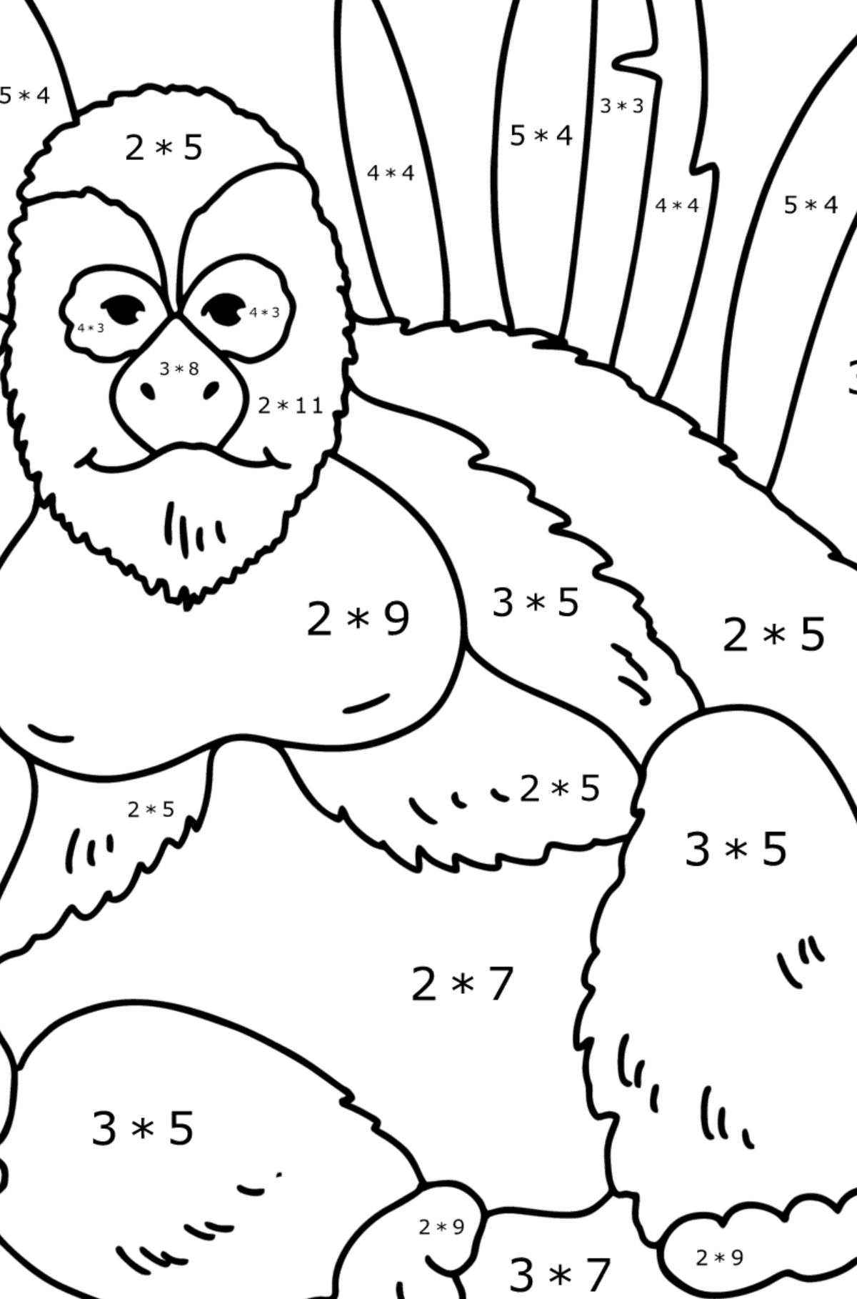 Gorilla kleurplaat - Wiskunde kleurplaten - vermenigvuldiging voor kinderen