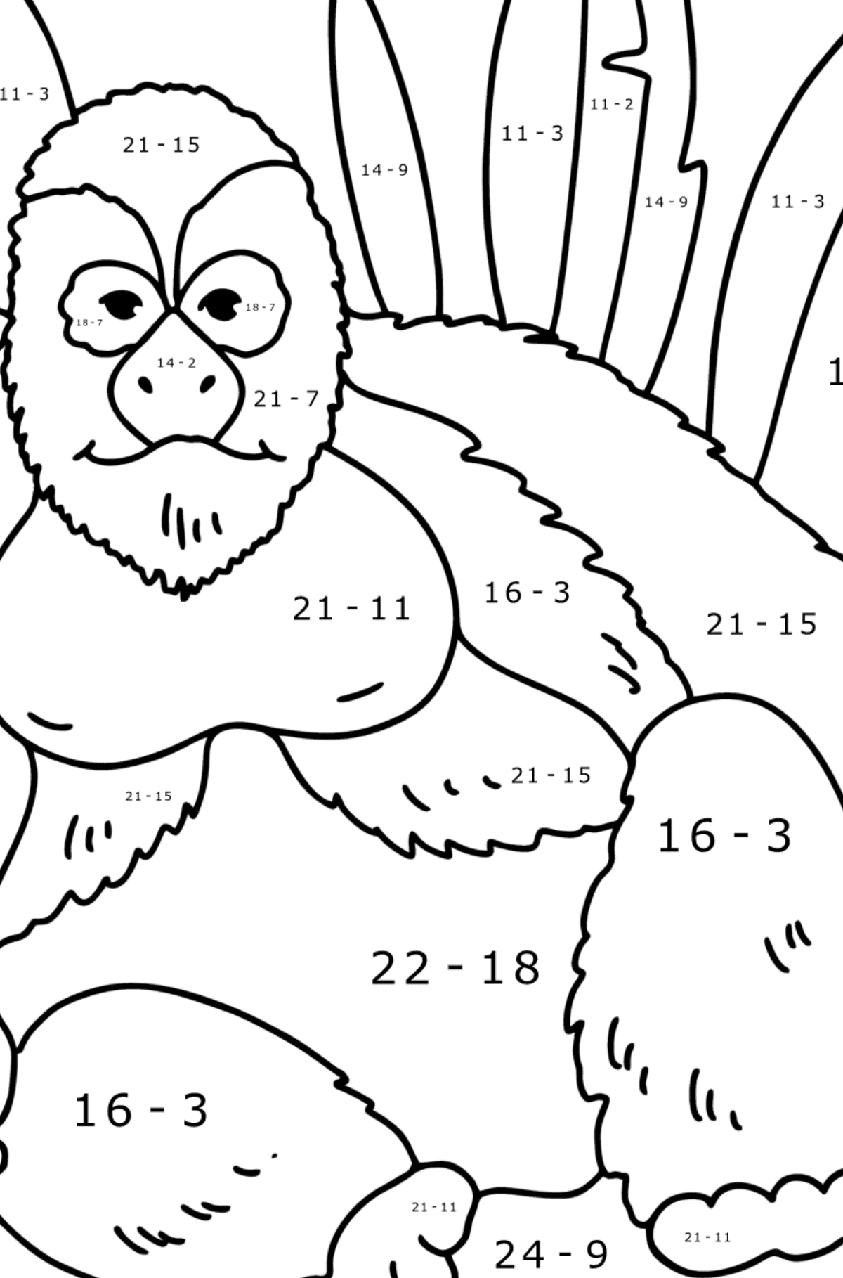 Gorilla kleurplaat - Wiskunde kleurplaten - aftrekken voor kinderen