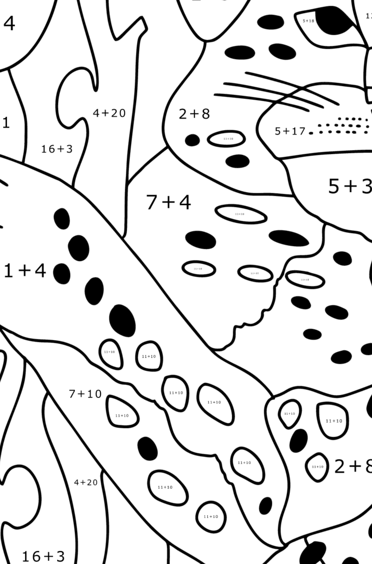 Jaguár dzsungel kifestő - Matematikai színezés - összeadás gyerekeknek