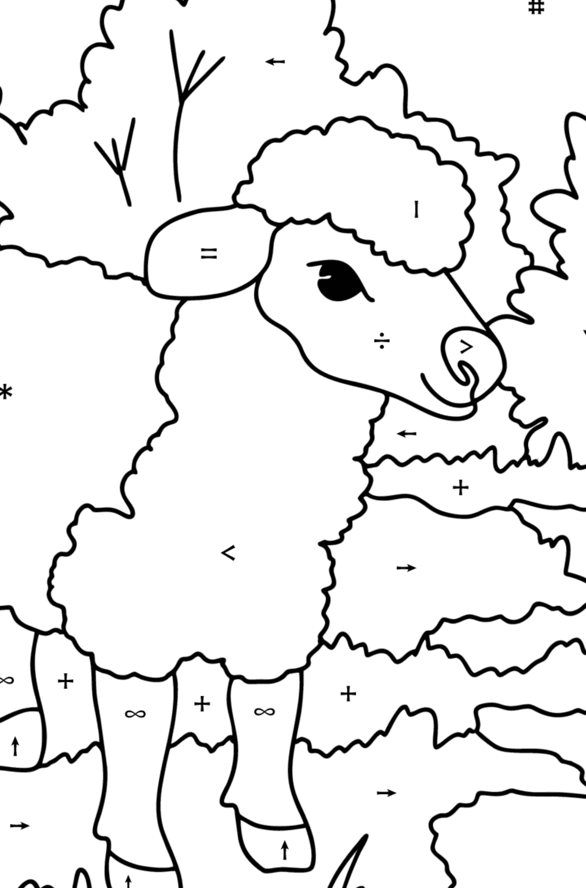 Bárány a természetben kifestő - Színezés szimbólum szerint gyerekeknek