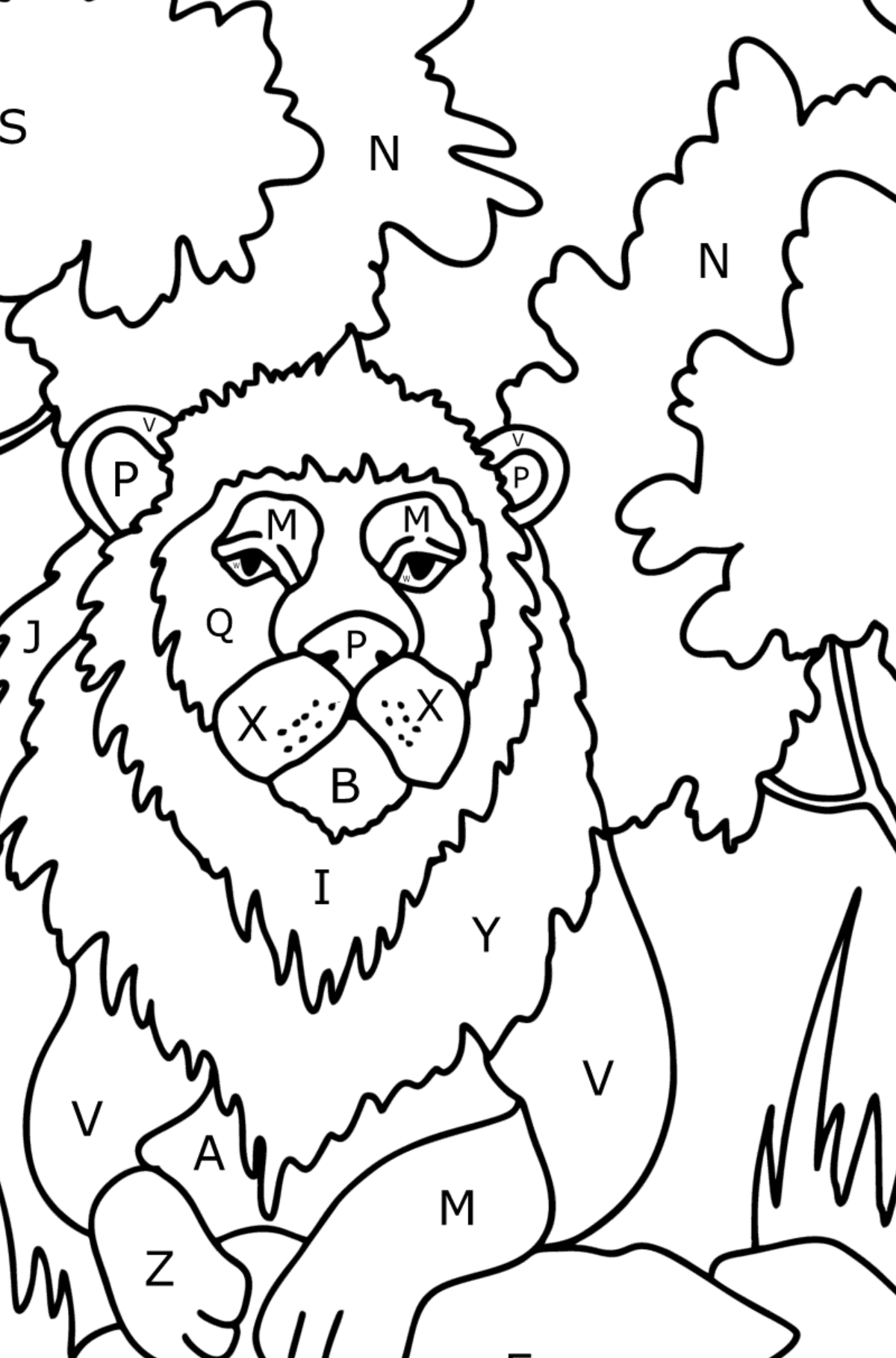 Coloriage Lion dans la nature - Coloriage par Lettres pour les Enfants