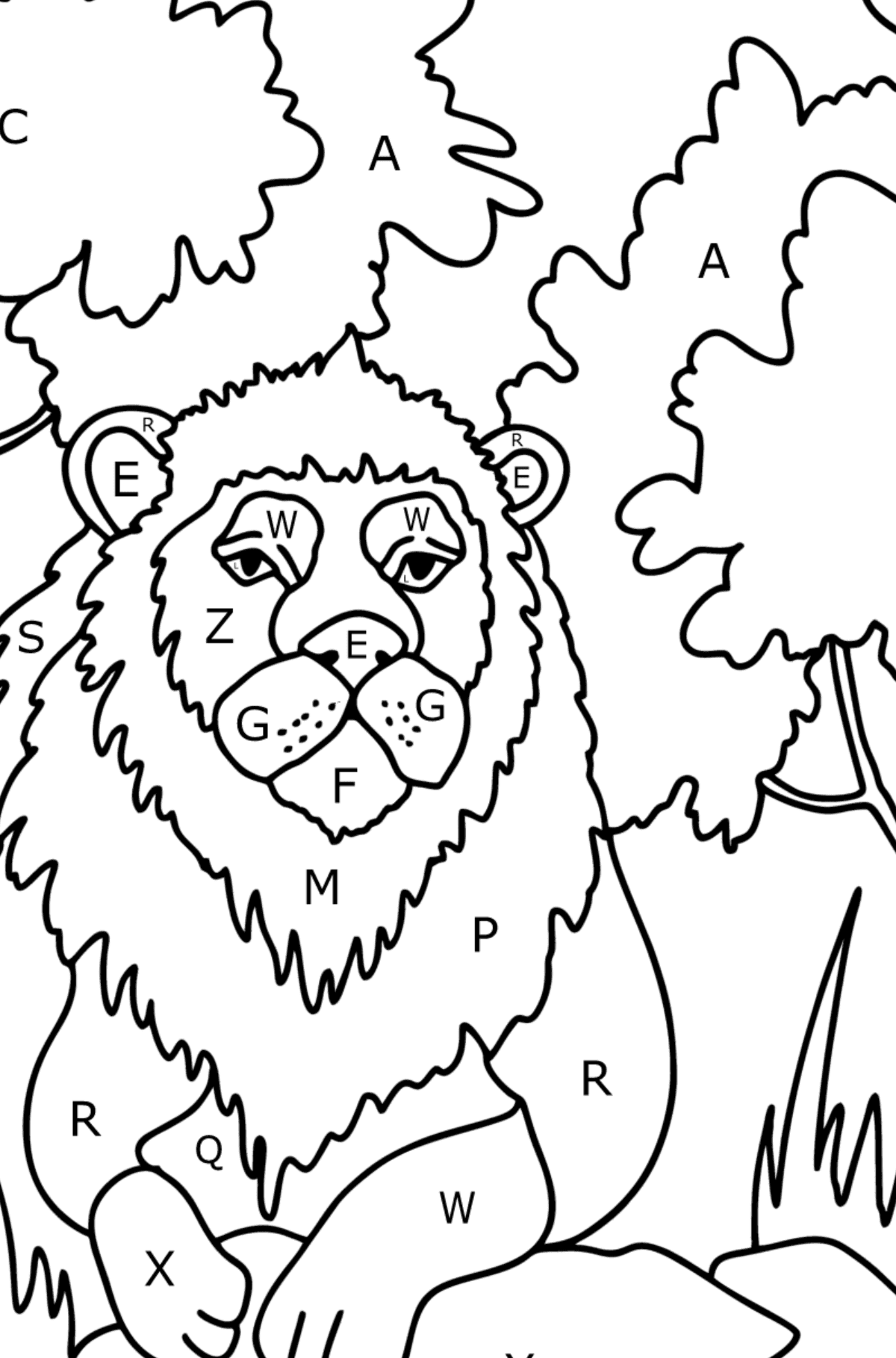 Leeuw in de natuur kleurplaat - Kleuren met letters voor kinderen