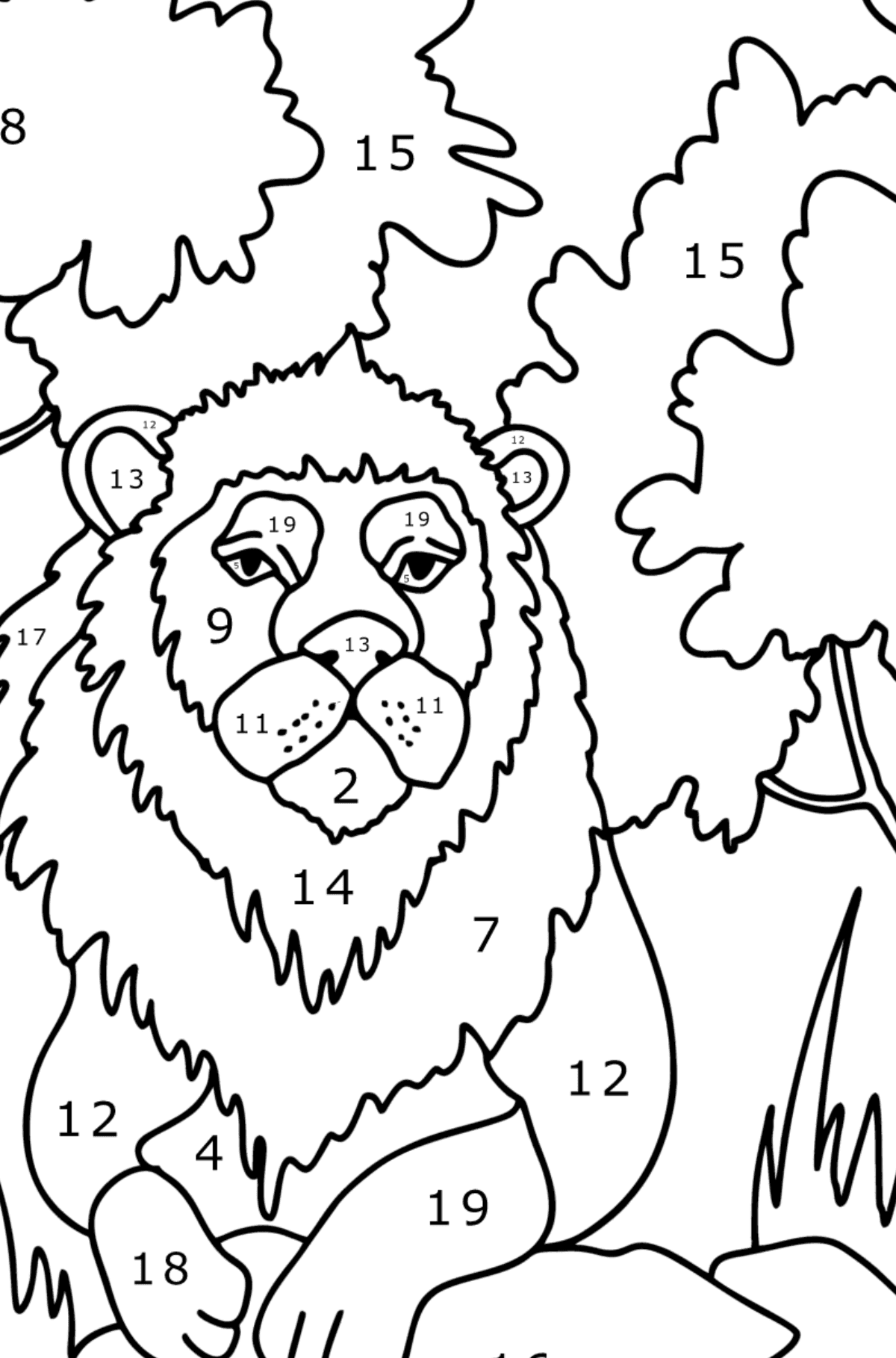 Leeuw in de natuur kleurplaat - Kleuren op nummer voor kinderen