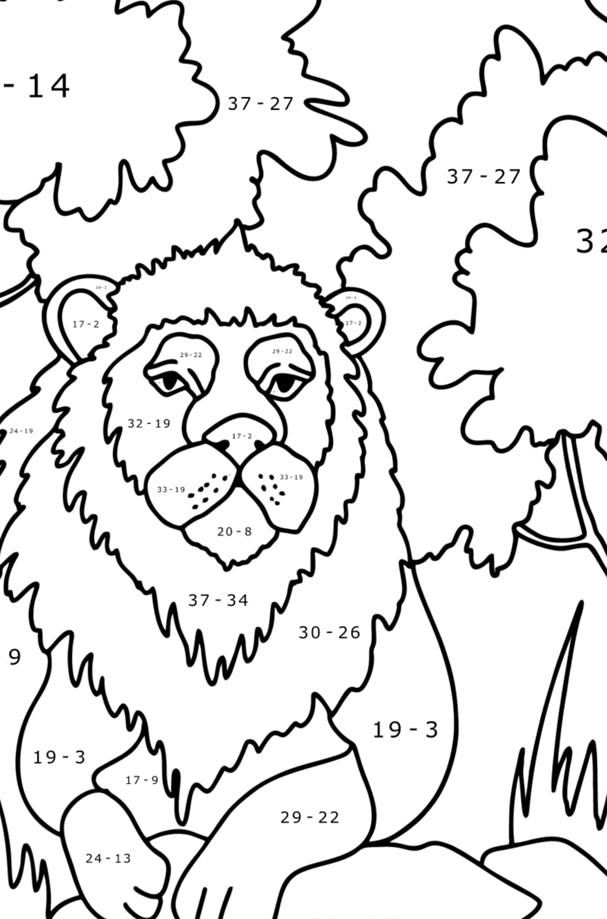 Leeuw in de natuur kleurplaat - Wiskunde kleurplaten - aftrekken voor kinderen