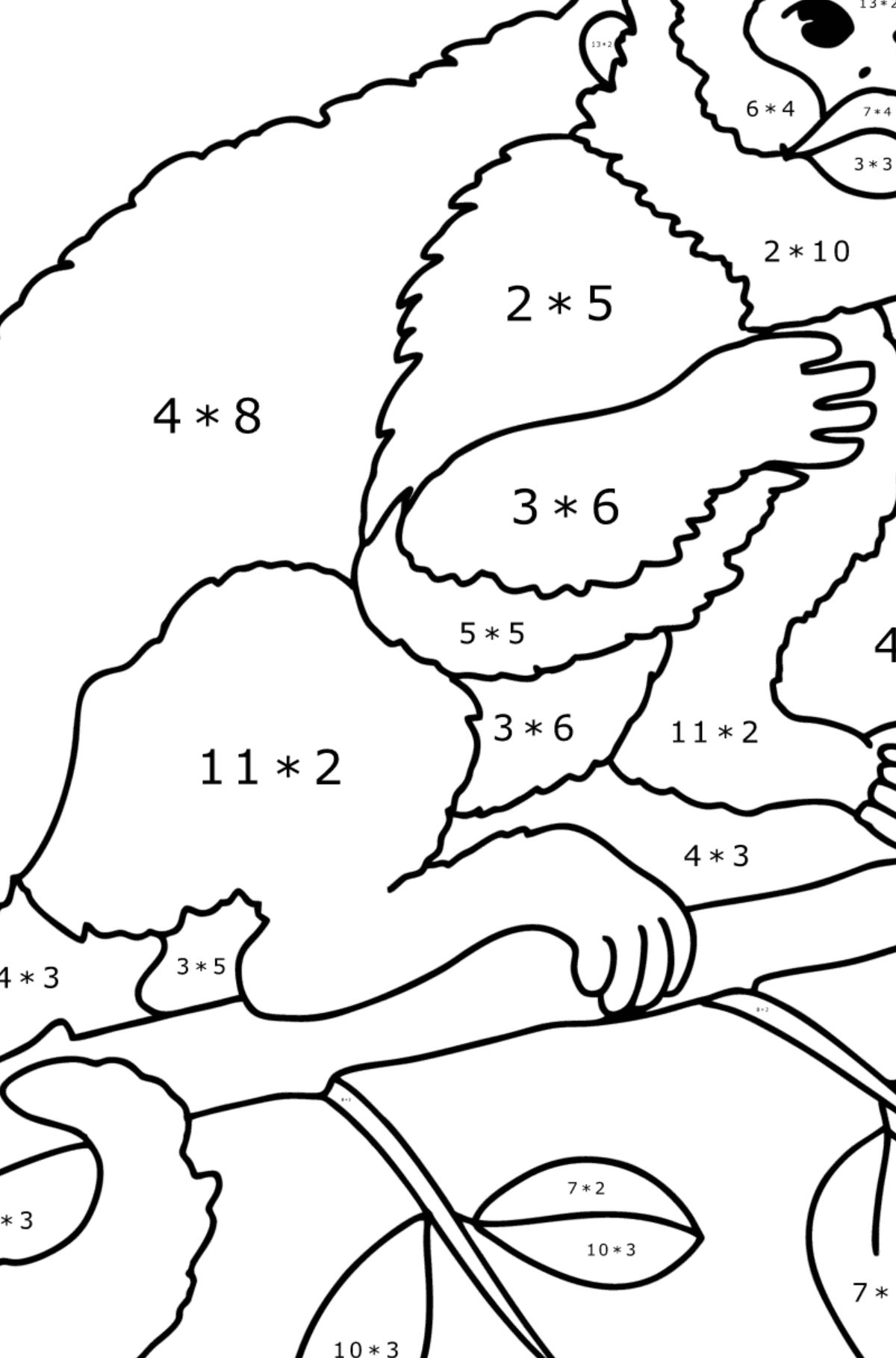 Mewarnai gambar Monyet di pohon - Pewarnaan Matematika: Penjumlahan untuk anak-anak