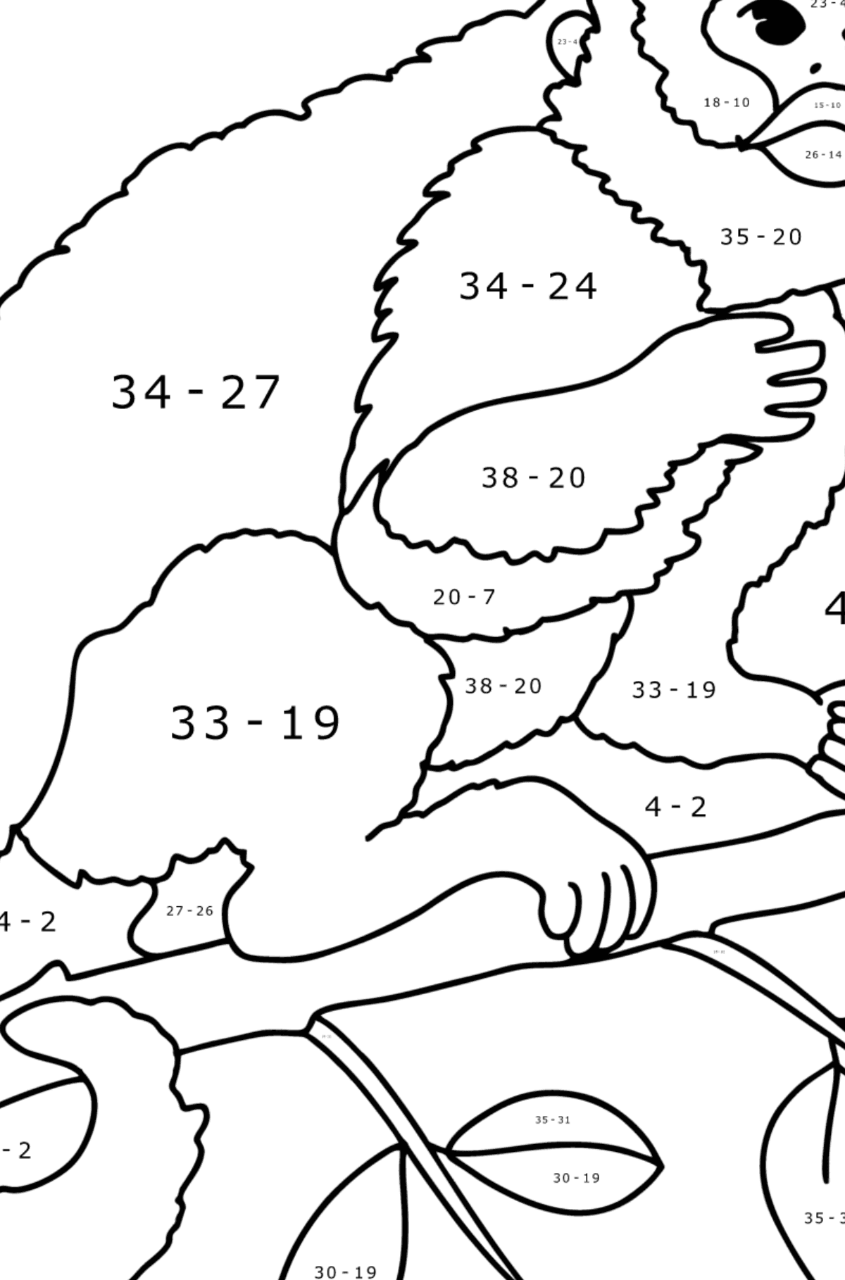 Mewarnai gambar Monyet di pohon - Pewarnaan Matematika: Pengurangan untuk anak-anak