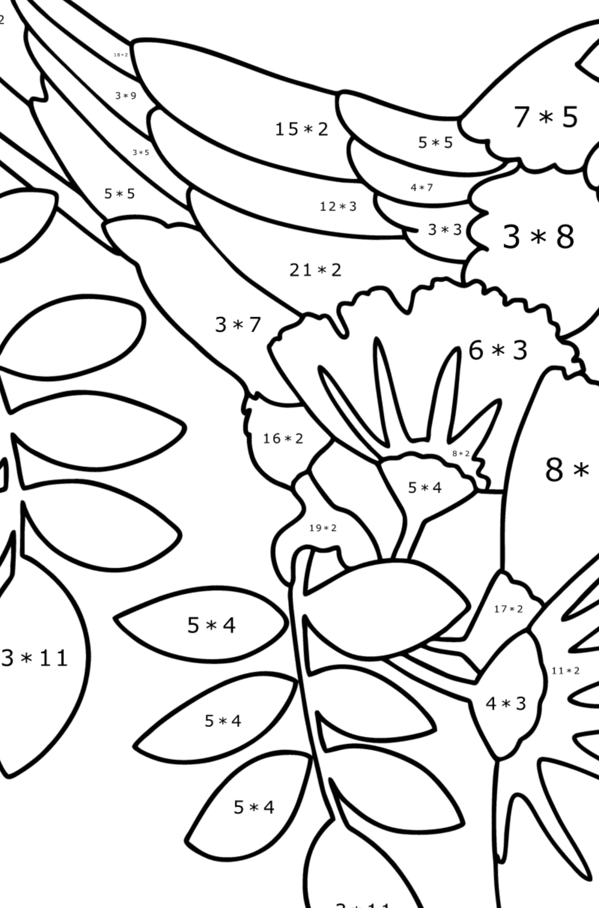 Mewarnai gambar Hutan burung beo - Pewarnaan Matematika: Penjumlahan untuk anak-anak