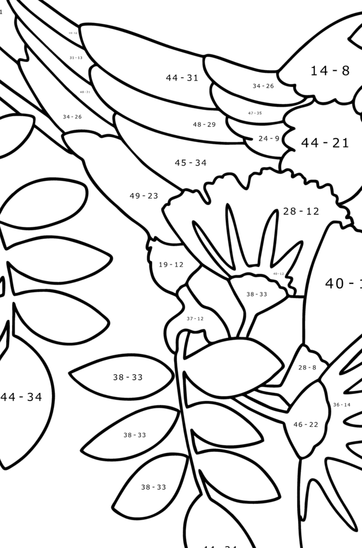 Målarbild Papegojdjungel - Matematik Färgläggning - Subtraktion För barn