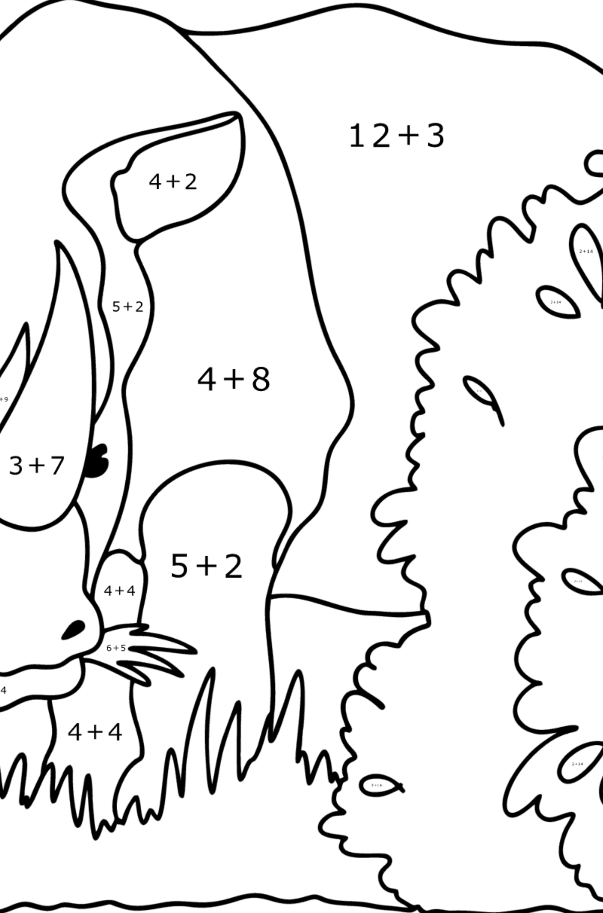 Målarbild Noshörning i naturen - Matematik Färgläggning - Addition För barn