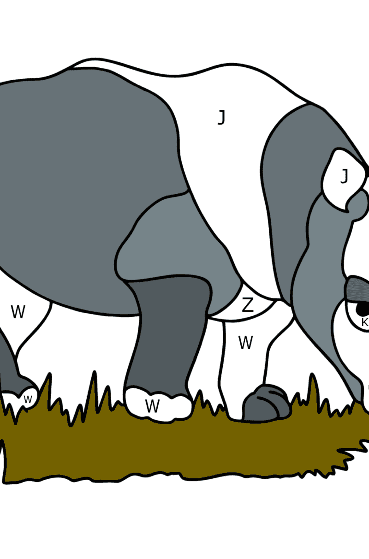 Coloriage Rhinocéros dans la savane - Coloriage par Lettres pour les Enfants