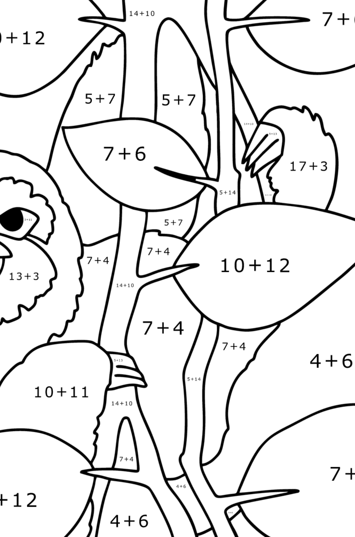 Disegno da colorare Giungla di bradipo - Colorazione matematica - Addizione per bambini