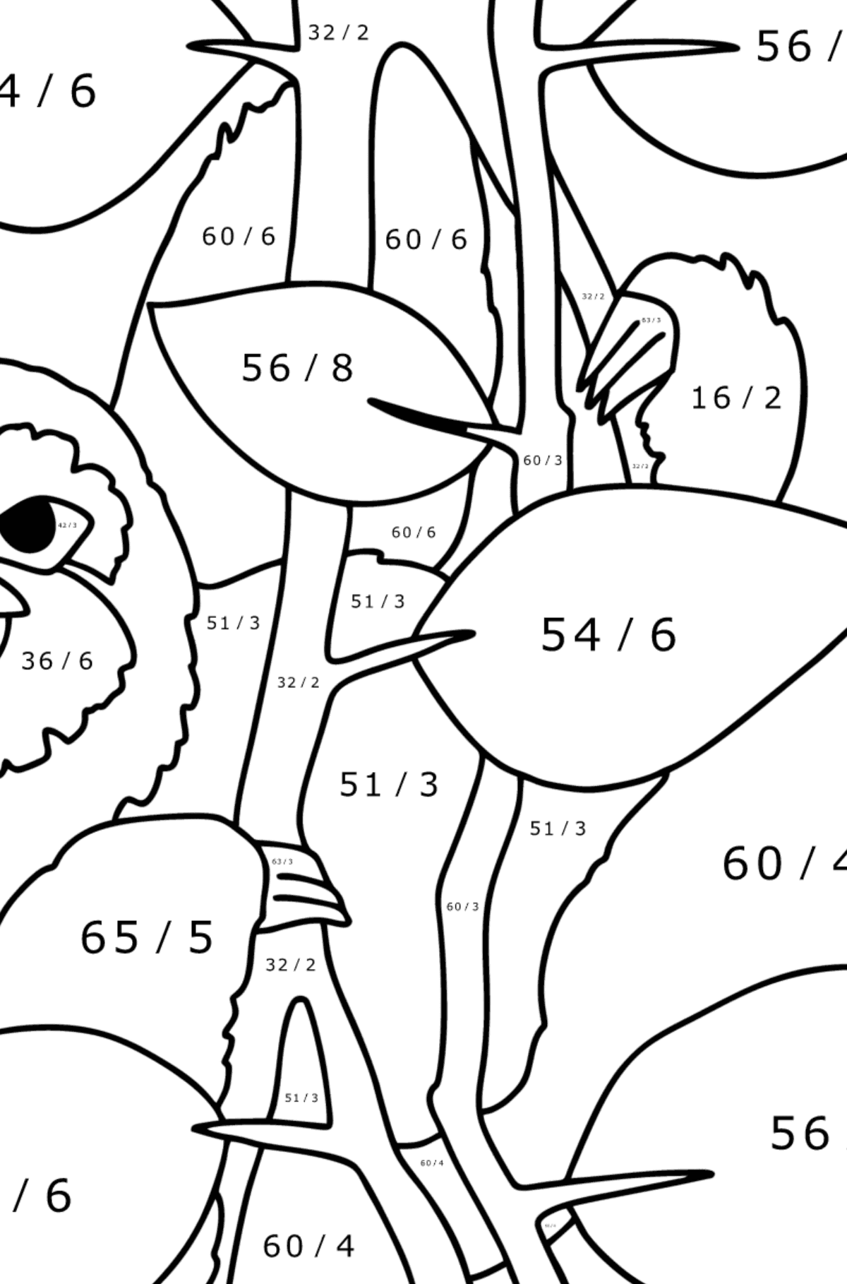 Disegno da colorare Giungla di bradipo - Colorazione matematica - Divisione per bambini