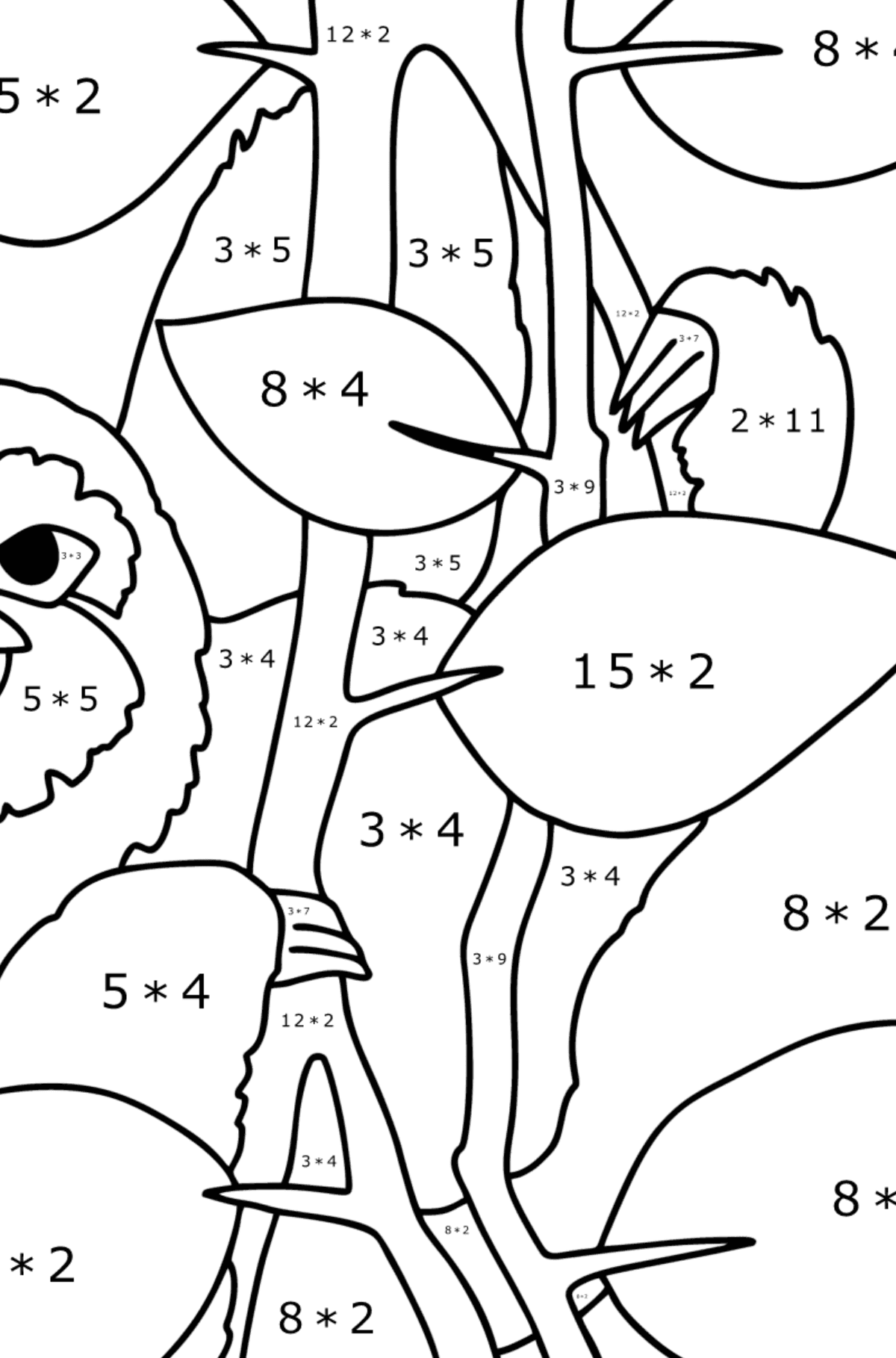 Disegno da colorare Giungla di bradipo - Colorazione matematica - Moltiplicazione per bambini