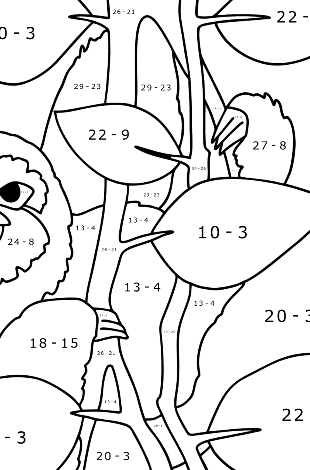 Disegno da colorare Giungla di bradipo - Colorazione matematica - Sottrazione per bambini