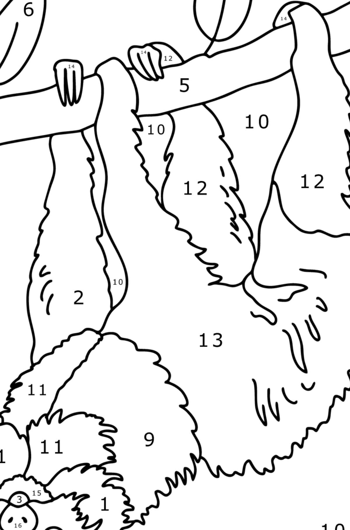 Målarbild Sengång på ett träd - Färgläggning efter nummer För barn