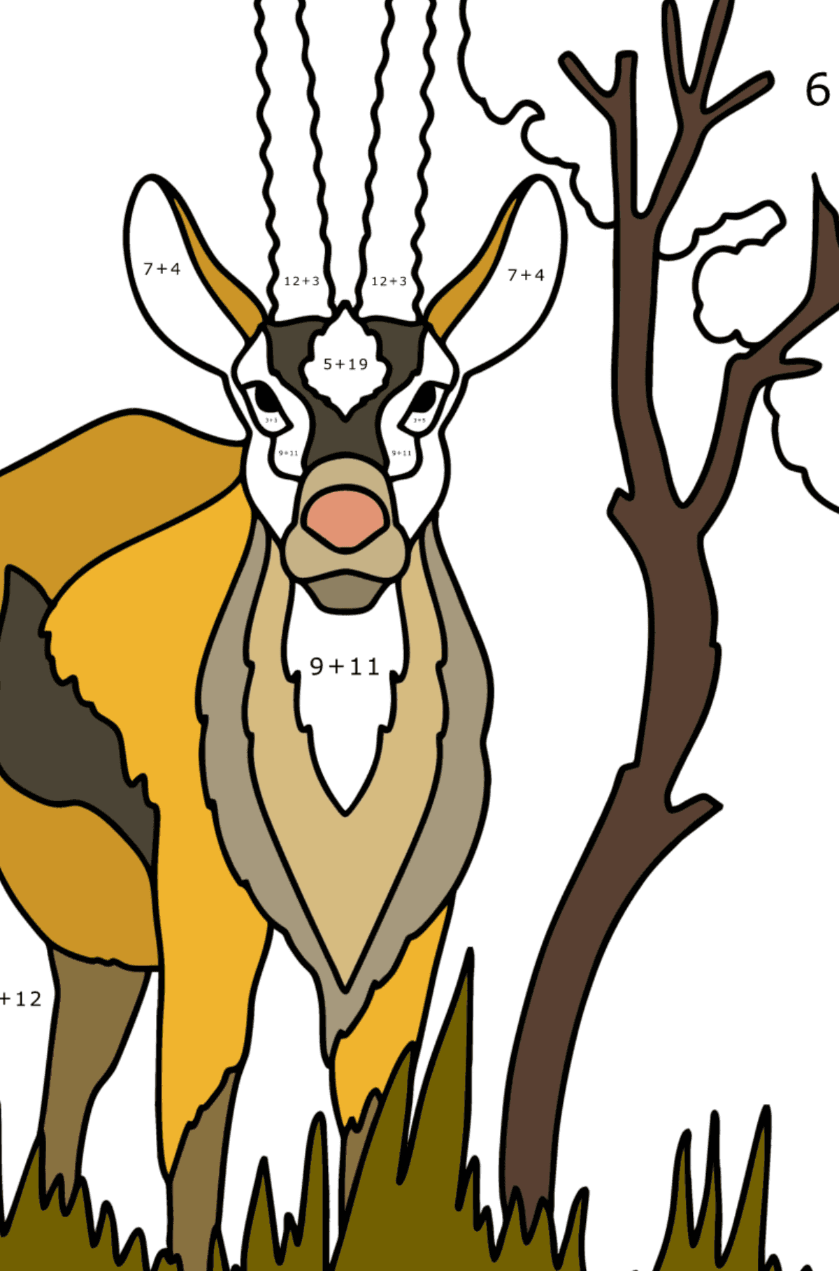 Tegning til farvning Thompsons gazelle - Matematisk farvelægning side -- Tilføjelse for børn