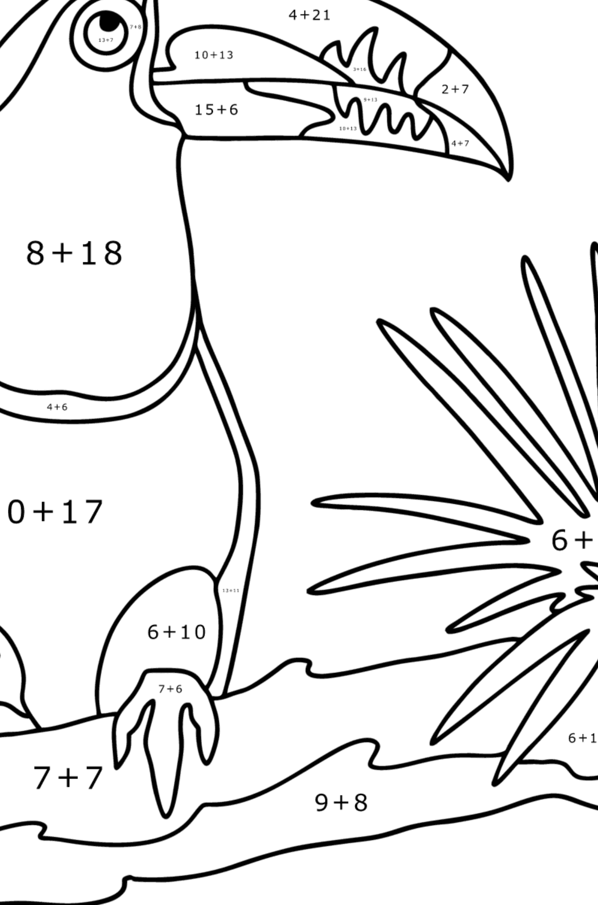 Mewarnai gambar Hutan Toucan - Pewarnaan Matematika: Pertambahan untuk anak-anak