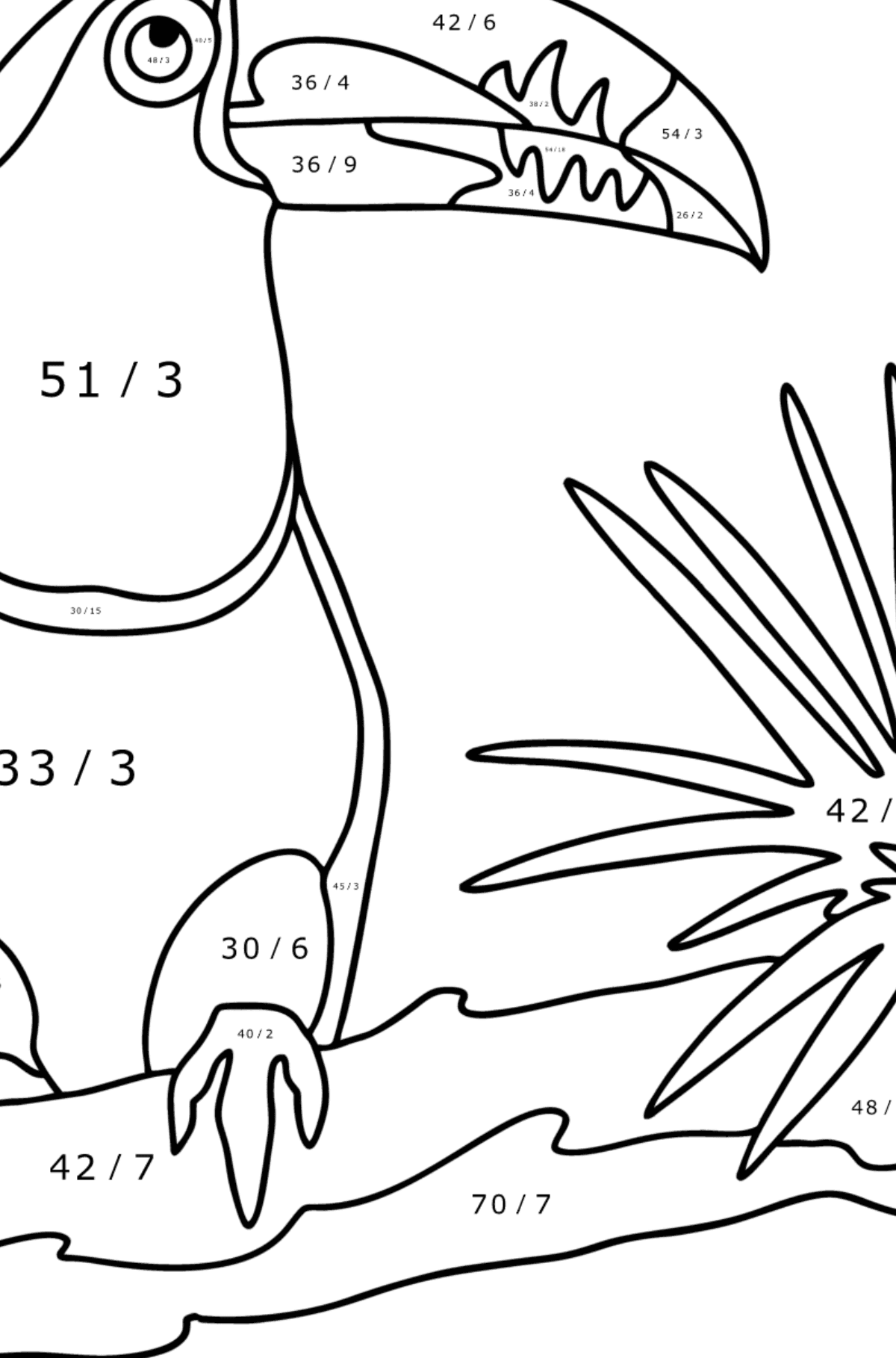 Mewarnai gambar Hutan Toucan - Pewarnaan Matematika: Pembagian untuk anak-anak