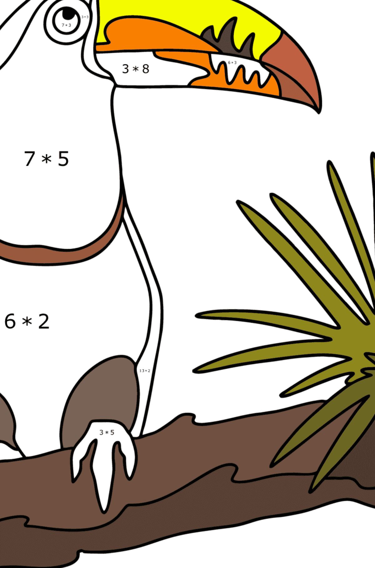 Tukan-Dschungel ausmalbild - Mathe Ausmalbilder - Multiplikation für Kinder