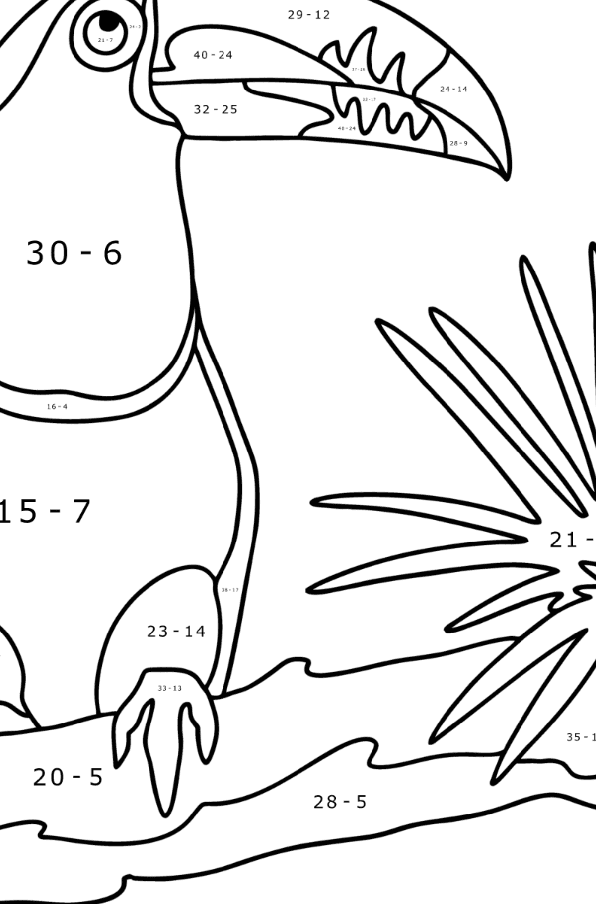 Mewarnai gambar Hutan Toucan - Pewarnaan Matematika: Pengurangan untuk anak-anak